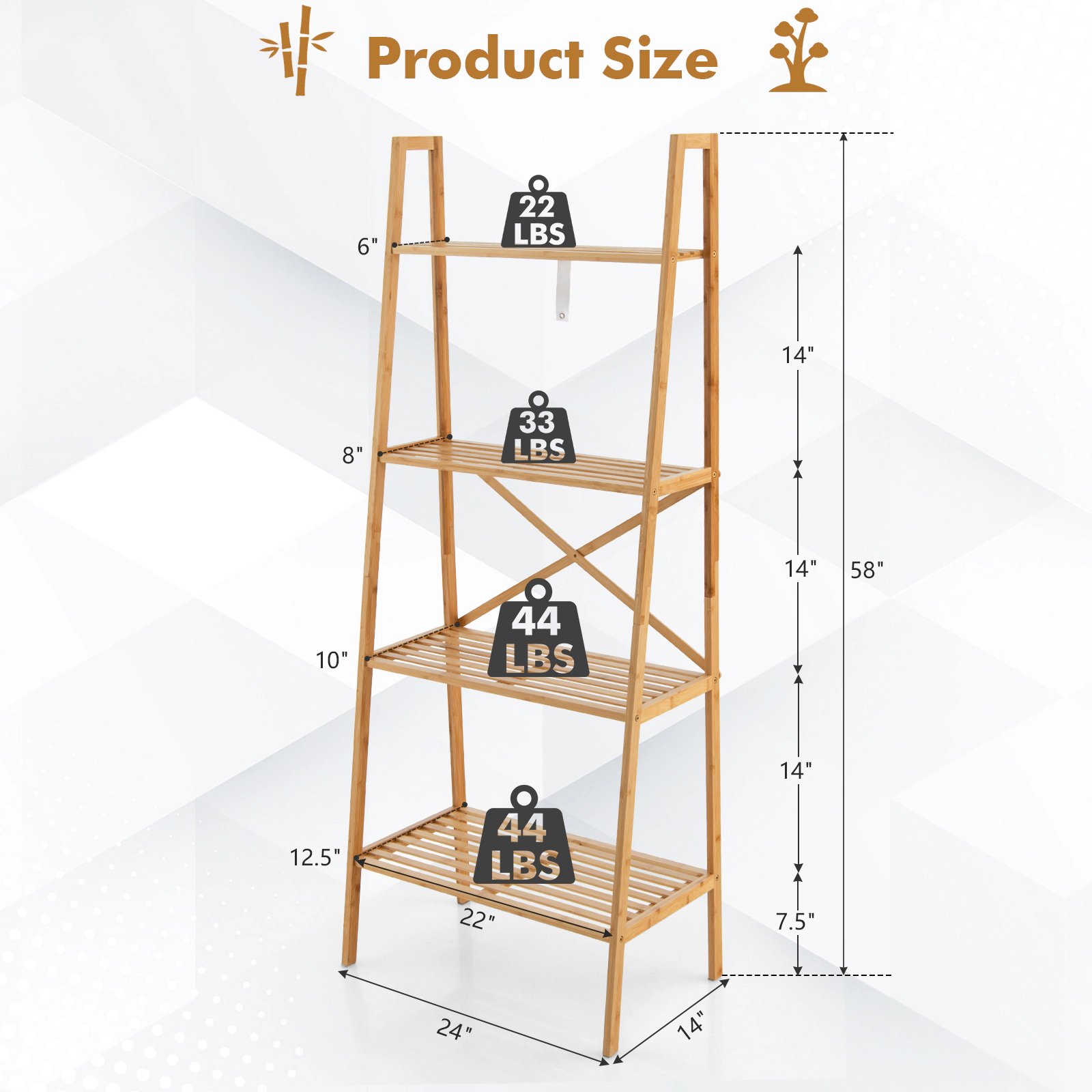 SUGIFT 58-in 4-Tier Bamboo Ladder Bookshelf 24 x 14 x 58 in Frame 22-44-lb Shelf Capacity 9-lb Net Weight Natural Finish