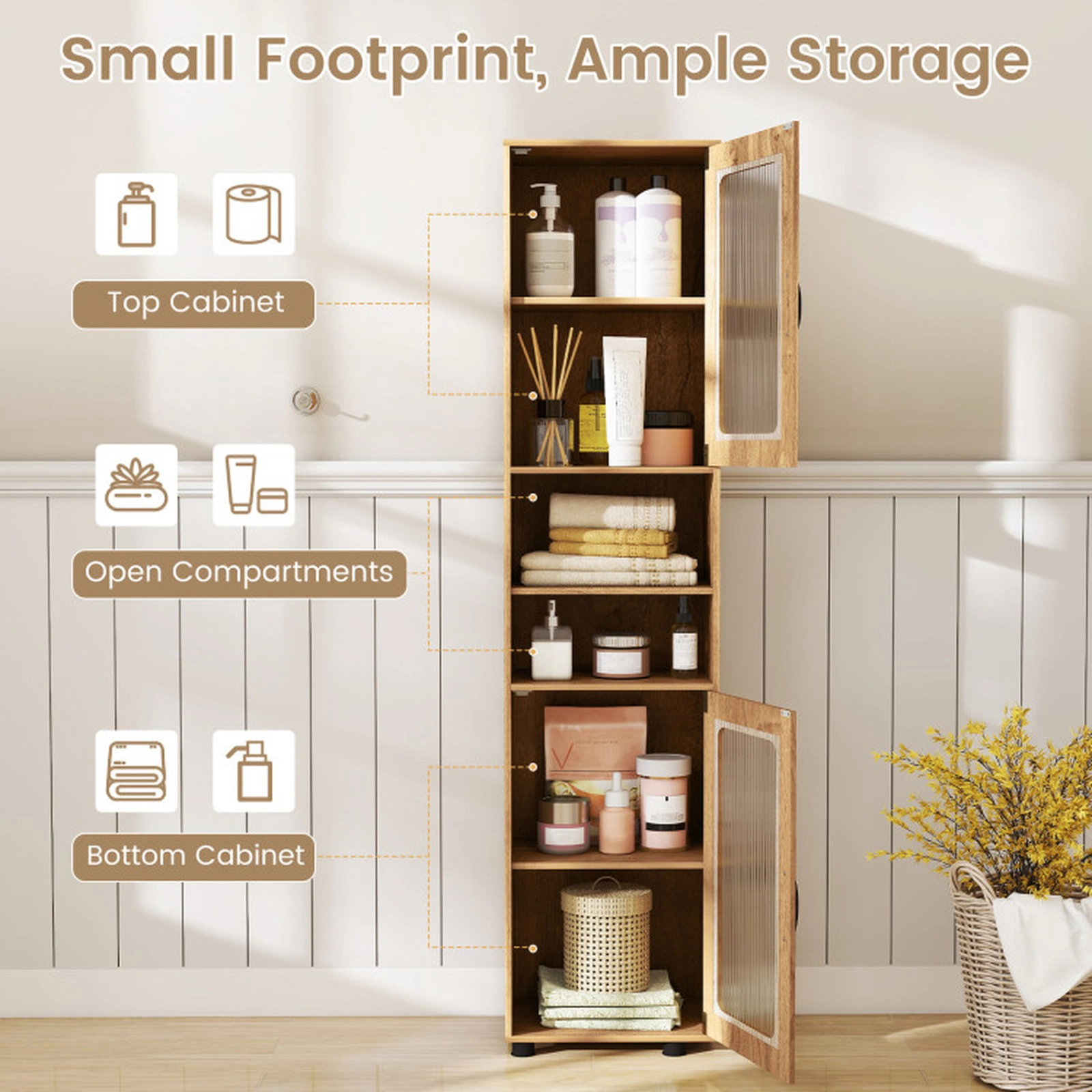 SUGIFT Tall Fluted Translucent Doors Open Compartments Bathroom Cabinet 16-in x 12-in x 67-in 155-lb Capacity Natural