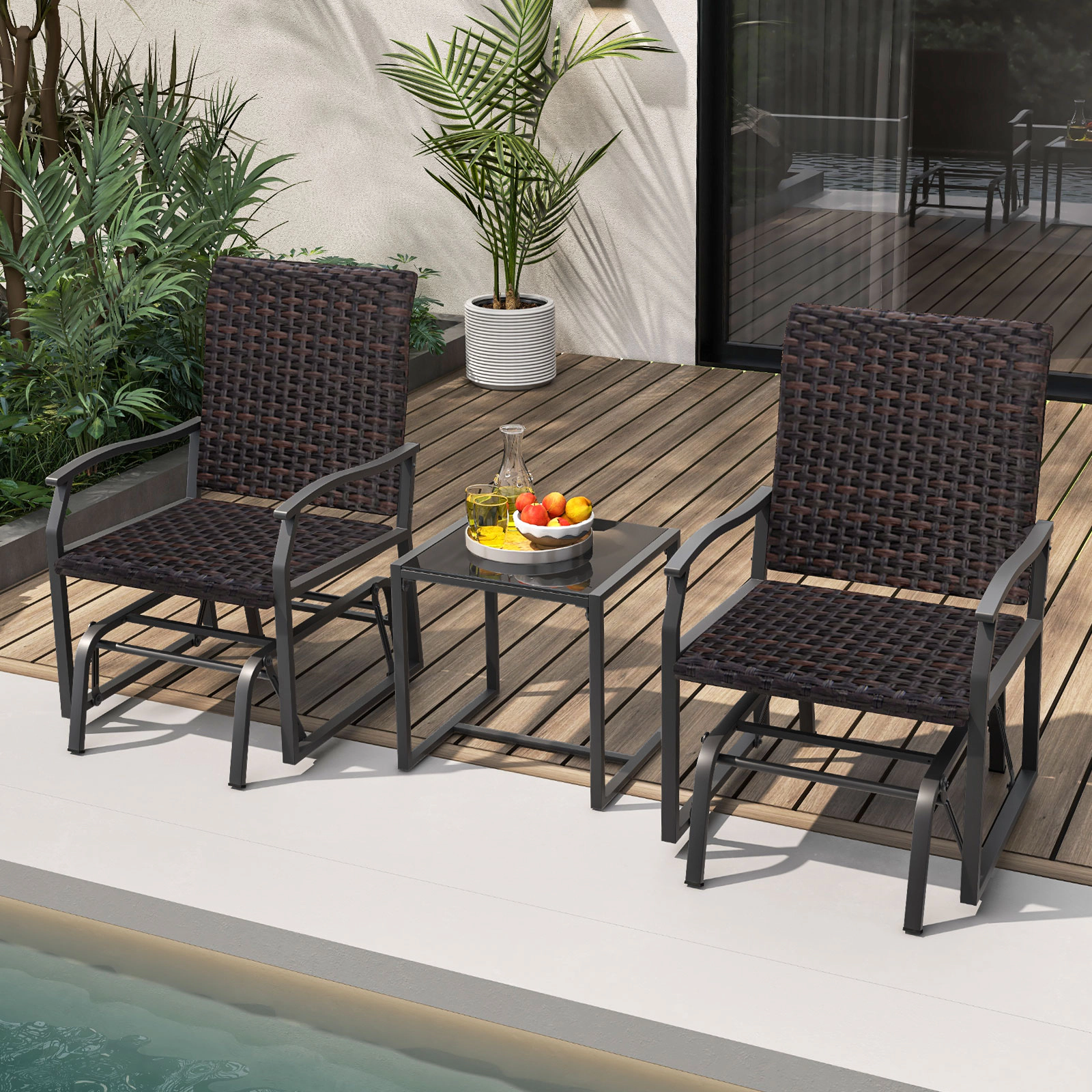 LJG 3 Piece Patio Gliding Set with Tempered Glass Coffee Table All Weather