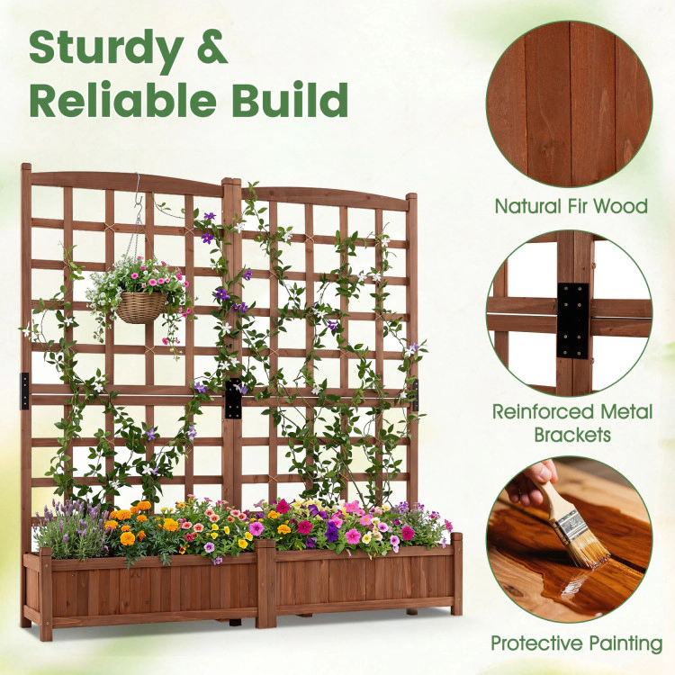 Hivvago Outdoor Dual Wooden Raised Garden Bed with Trellis and Drainage Holes