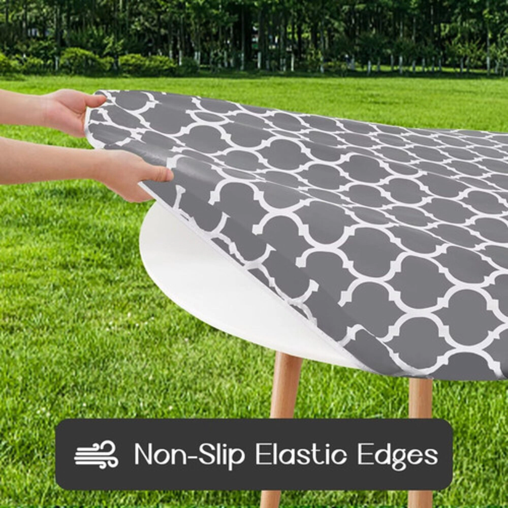 Technopliance Waterproof Fitted Round Vinyl Tablecloth 36 to 44 Inch Grey Moroccan