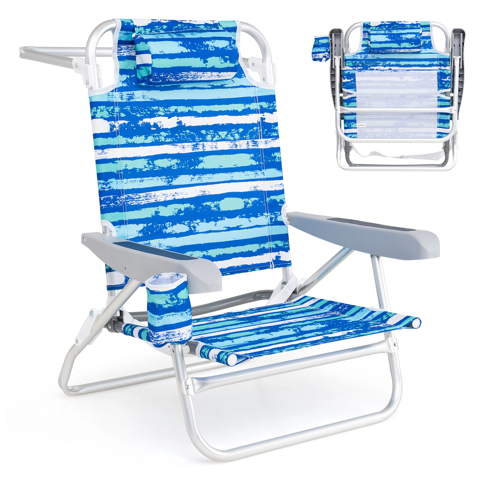LJG 2 Pack Folding Beach Chair with Adjustable Positions and Head Pillow