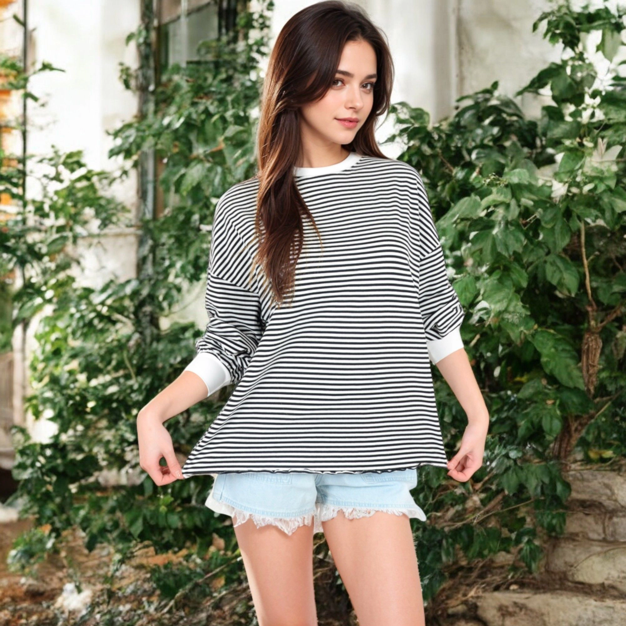 Anna-Kaci Women's Striped Long Sleeve Oversized Pullover Top Ribbed Crew Neck Everyday Look