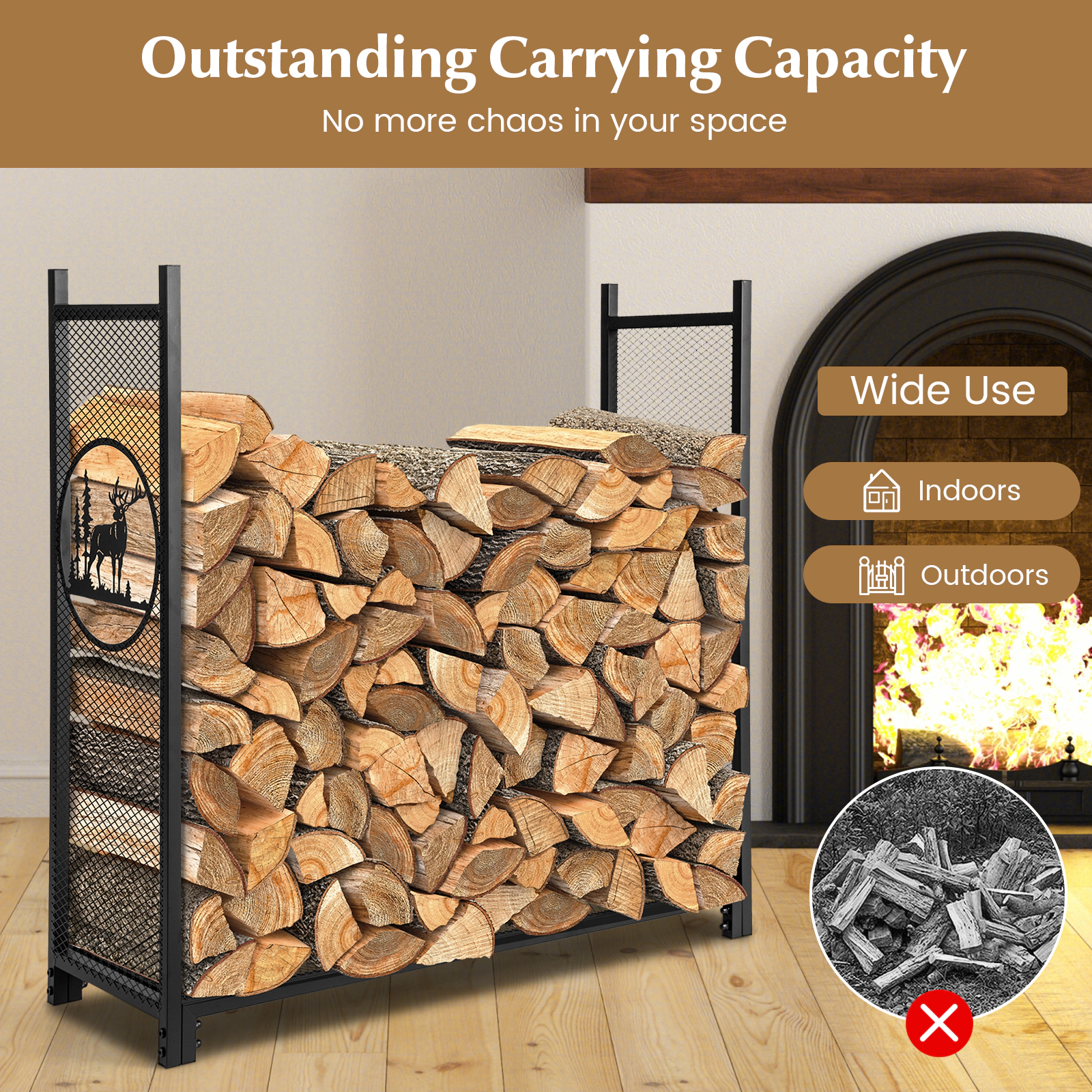 SUGIFT 4 Feet Mesh Firewood Rack Stand 300-lb Capacity Metal Log Holder with 48-in Wide Frame and 41-in High Sides Black