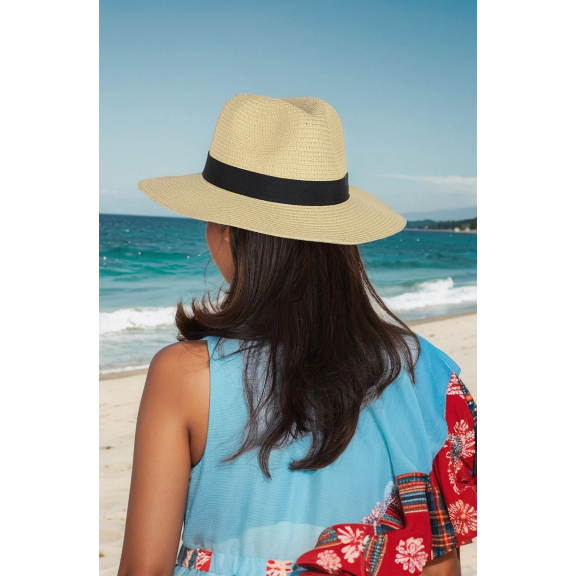 Anna-Kaci Women's Wide Brim Straw Fedora Sun Hat with Black Band Lightweight Packable Summer Panama