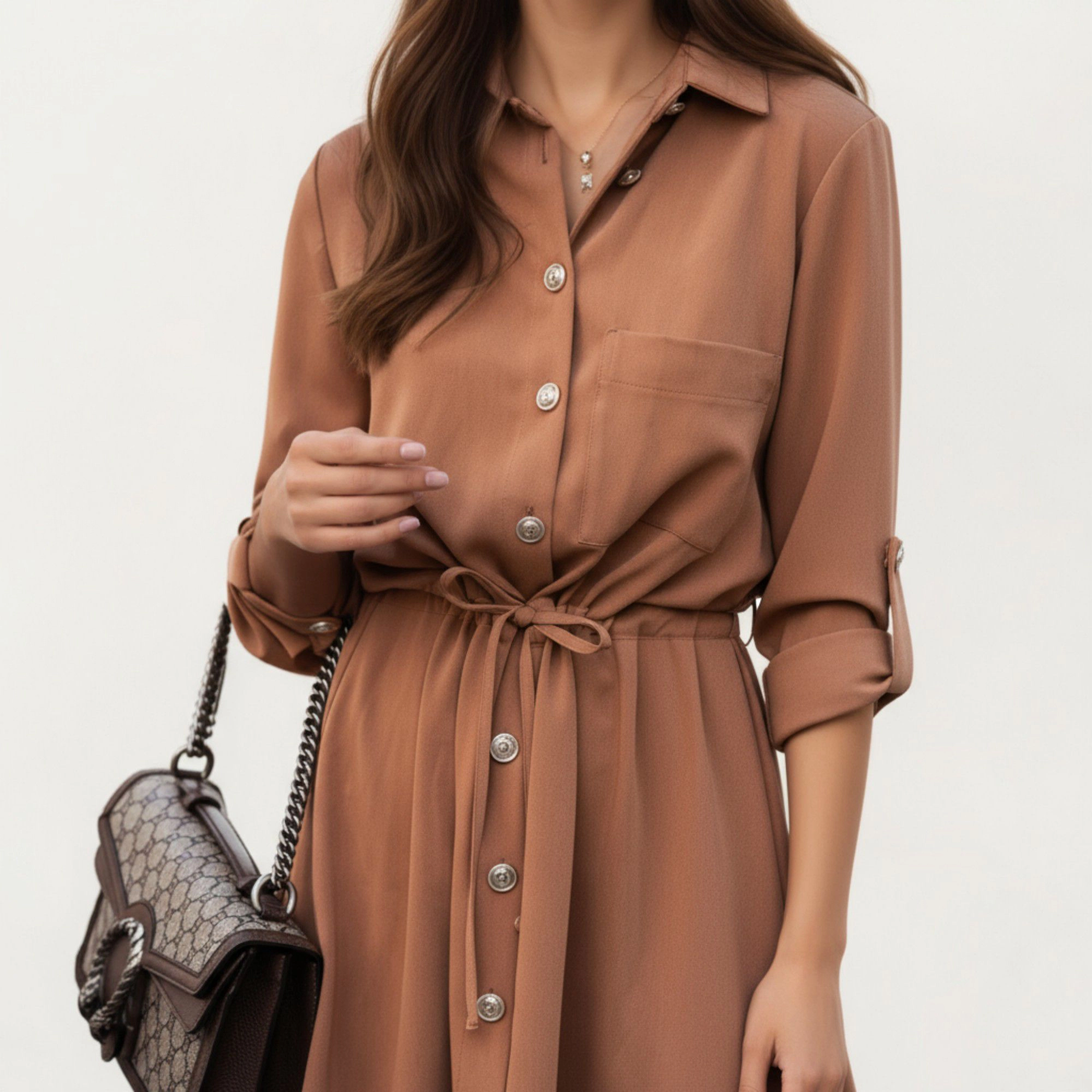 Anna-Kaci Women's Button Front Adjustable Sleeves Soft Drawstring Waist Relaxed Flowing Silhouette Shirt Dress