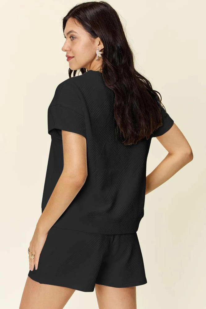 TRUEDAMES Women Full Size Texture Short Sleeve T-Shirt and Drawstring Shorts Set