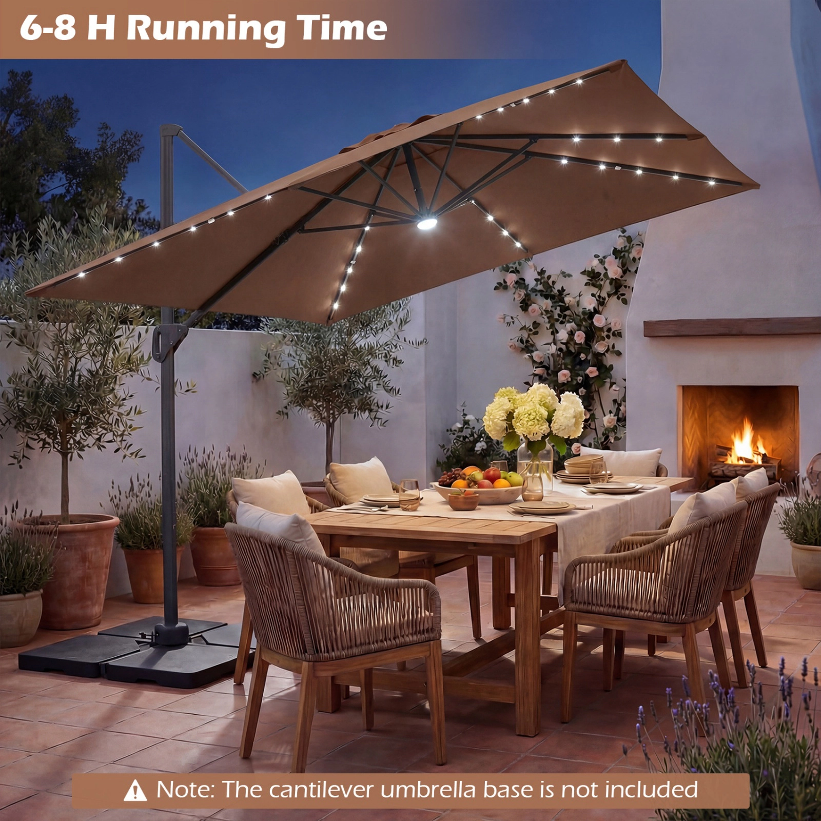 SUGIFT 10-Ft Tan Offset Cantilever Patio Umbrella with Solar LED Lights, Crank Lift and Vented 2-Tier Canopy