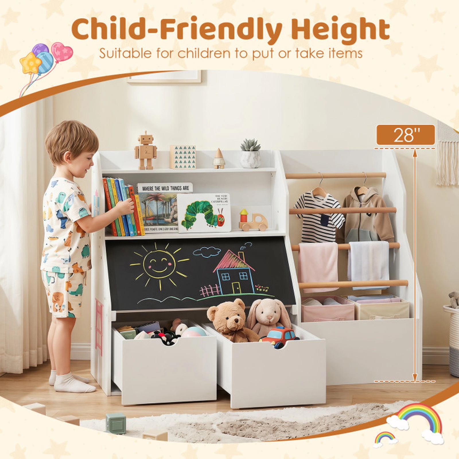 SUGIFT White Wooden Kids Toy Storage Organizer with Flip-Up Blackboard 5 Pine Hanging Rods and 4 Wheels