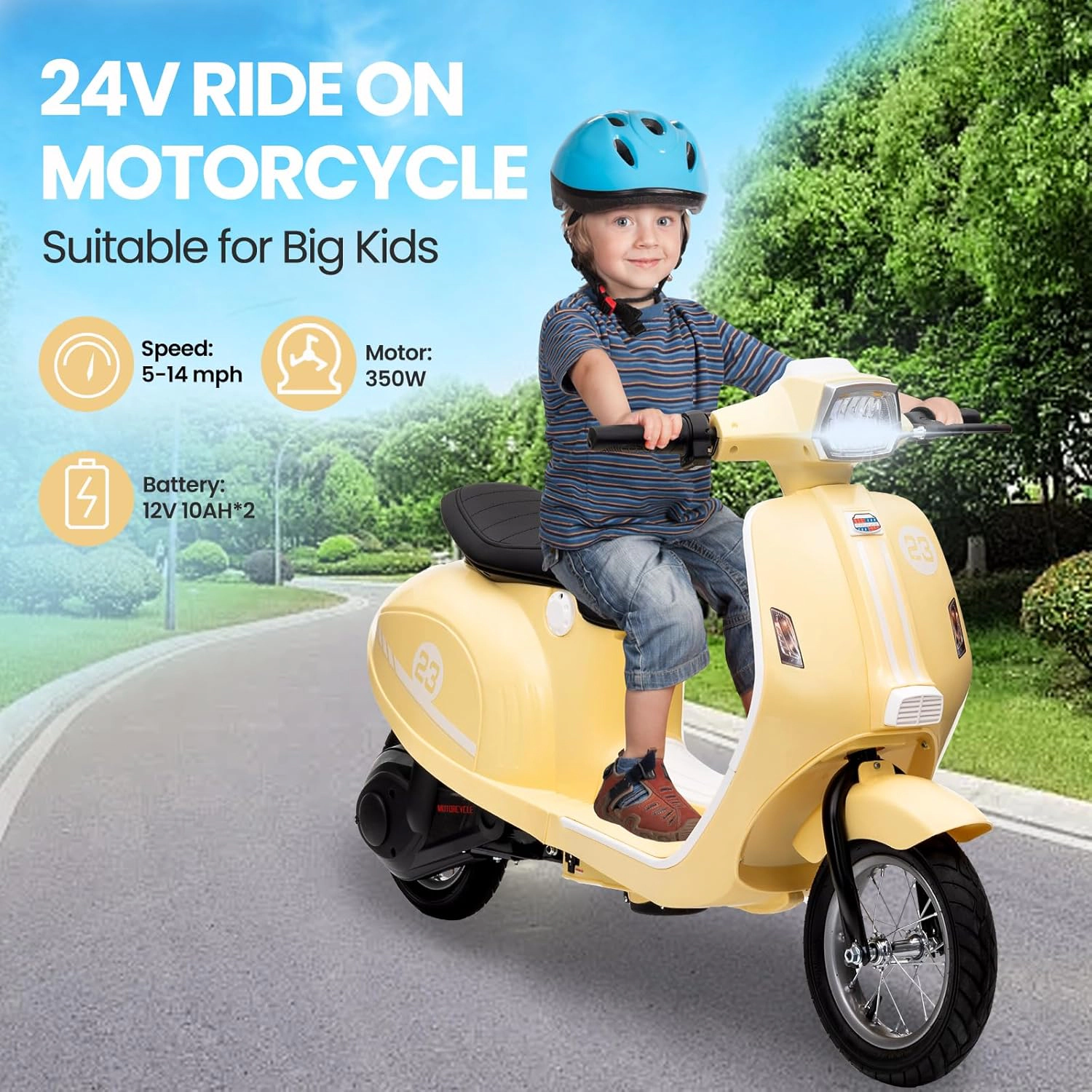 Enjyam 24V 350W Electric Dirt Bike for Kids 8–14, 14MPH Max, Waterproof, Rear Brake, LED Lights, 143 lbs Capacity