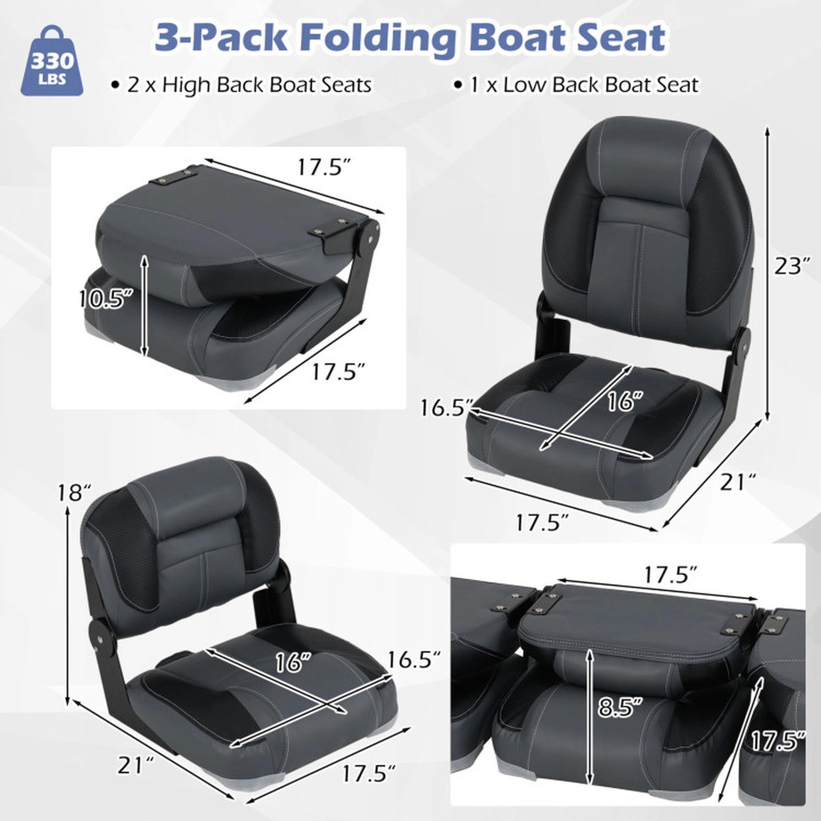 SUGIFT 3-Pack Folding Boat Seats with 28D Sponge Padding 330-lb Capacity Black+Gray