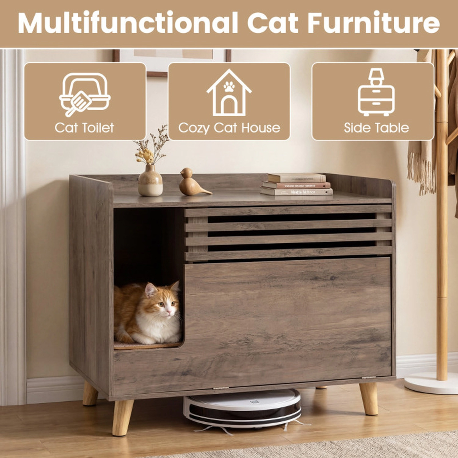 SUGIFT Brown Cat Litter Box Enclosure with Flip-Down Door 31.5-in W 18-in D 25.5-in H 66-lb Top Capacity