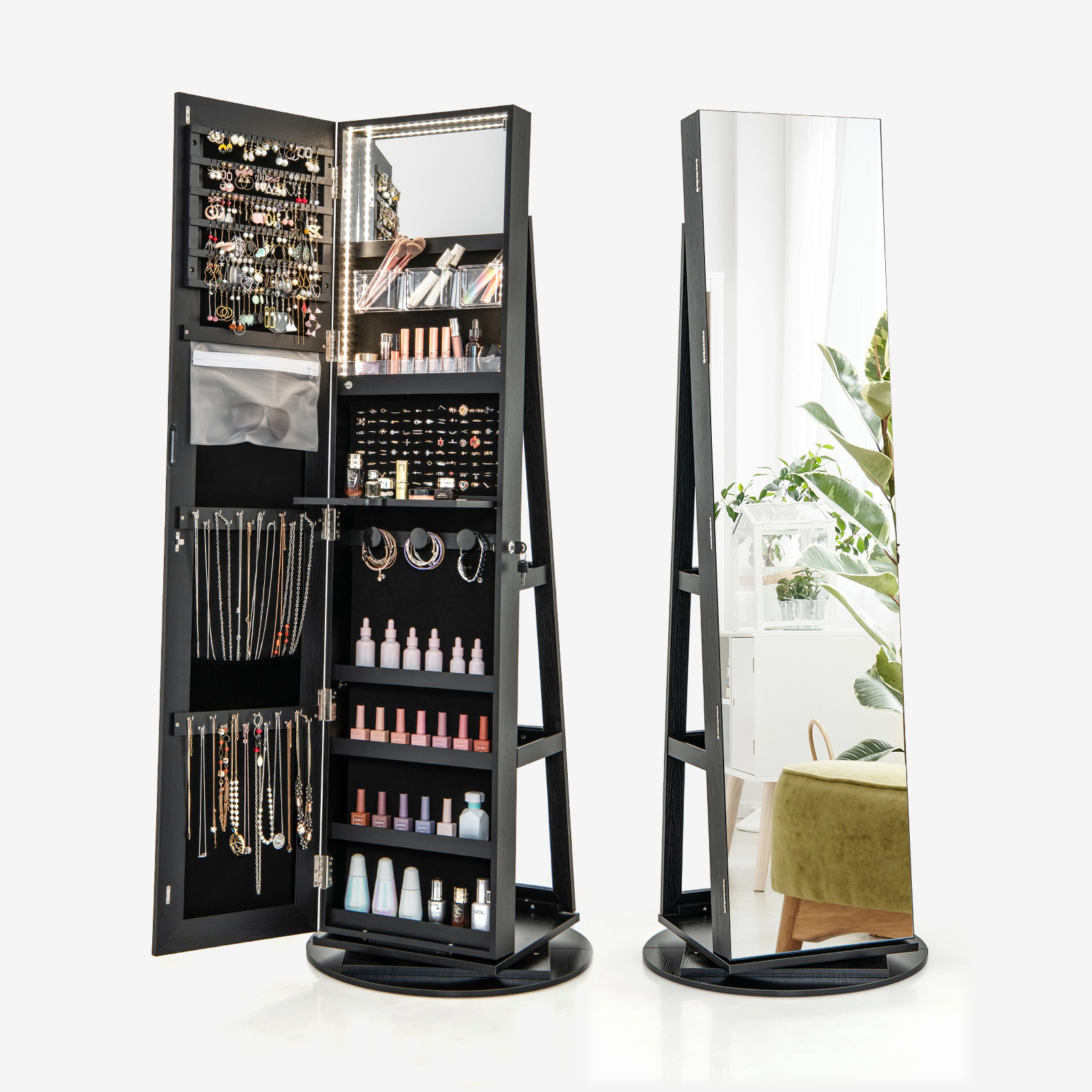 SUGIFT Black Lockable Jewelry Cabinet Armoire with Vanity Mirror 360-Degree Swivel Base and Makeup Shelf