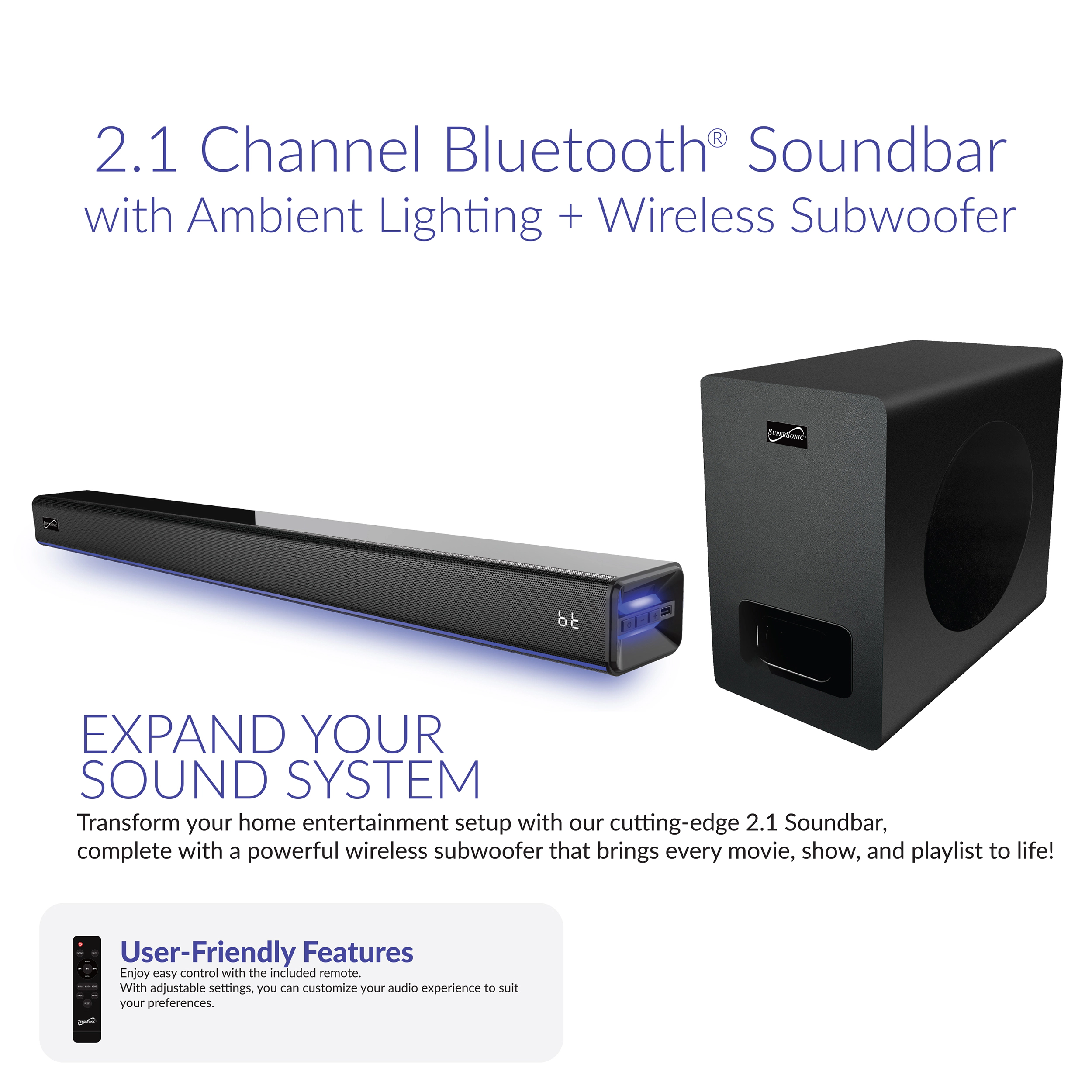 SuperSonic 2.1 Channel Bluetooth Soundbar with Ambient Lighting and Wireless Subwoofer