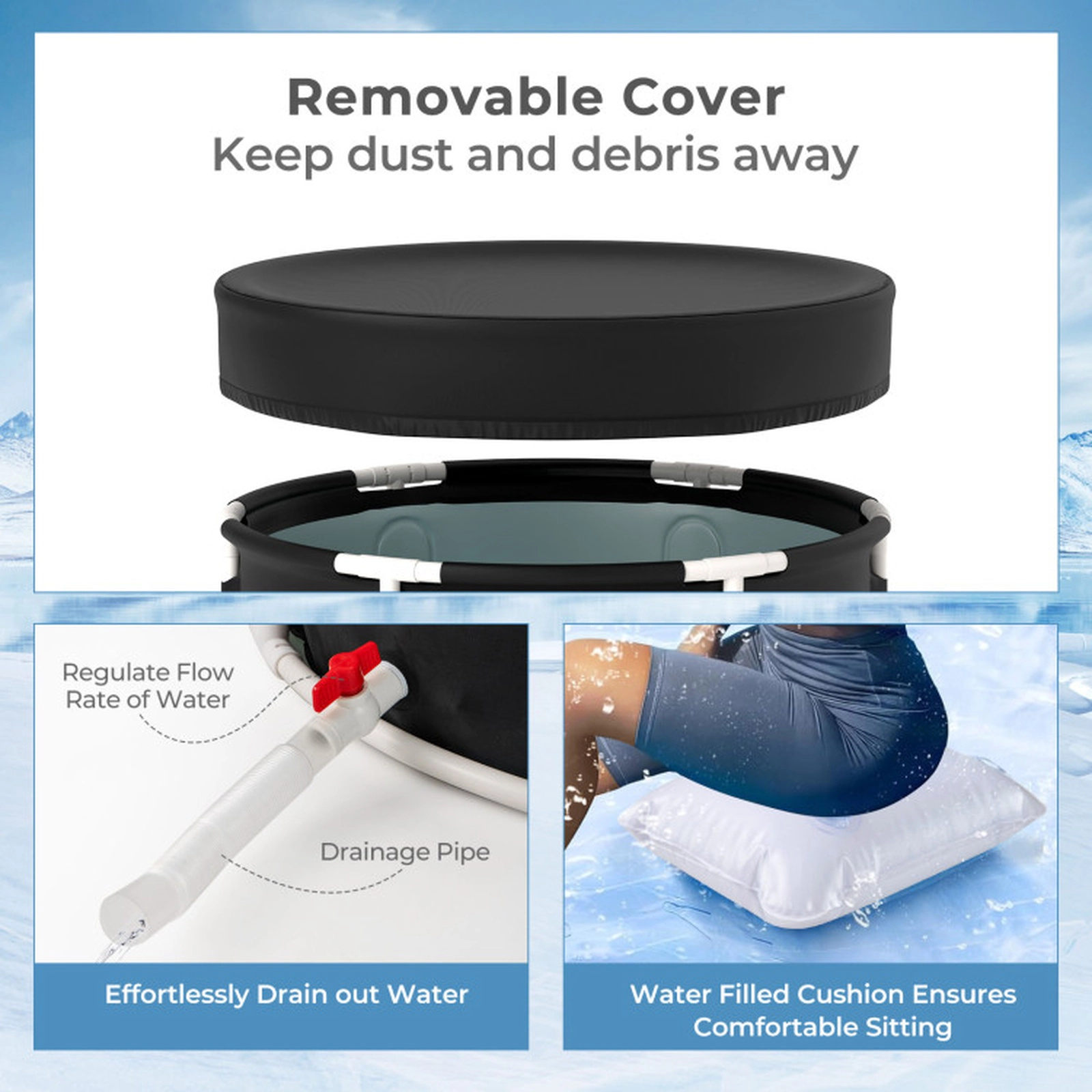 SUGIFT 66 Gal Foldable Ice Bath Tub with Lid Cold Plunge Tub 32.5 x 25 in PVC Canvas Plastic For Adult Black+White