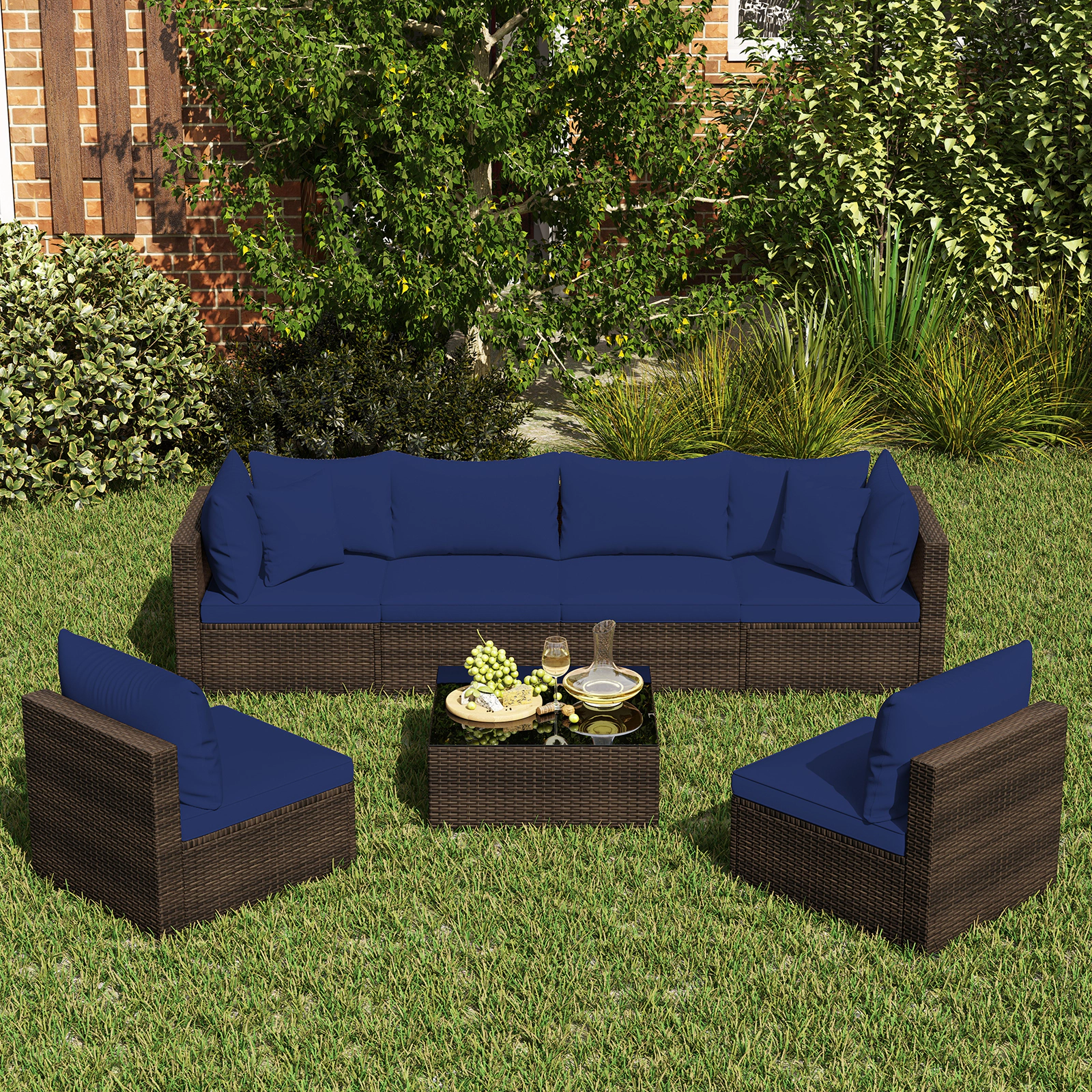 LJG 7 Pieces Patio Rattan Furniture Set with Sectional Sofa Cushions