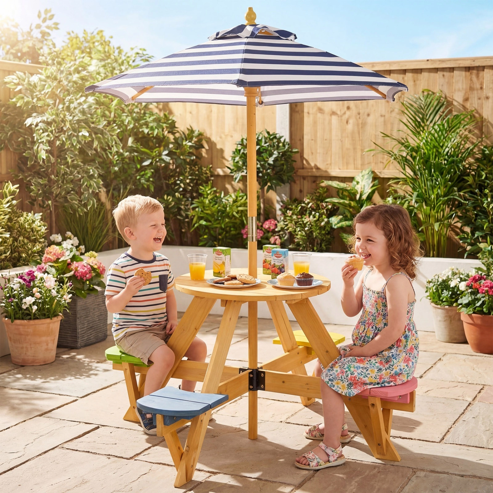 SUGIFT Kids Picnic Table Set, Blue Fir Wood Table with 4 Stools and 46.5-Inch Umbrella
