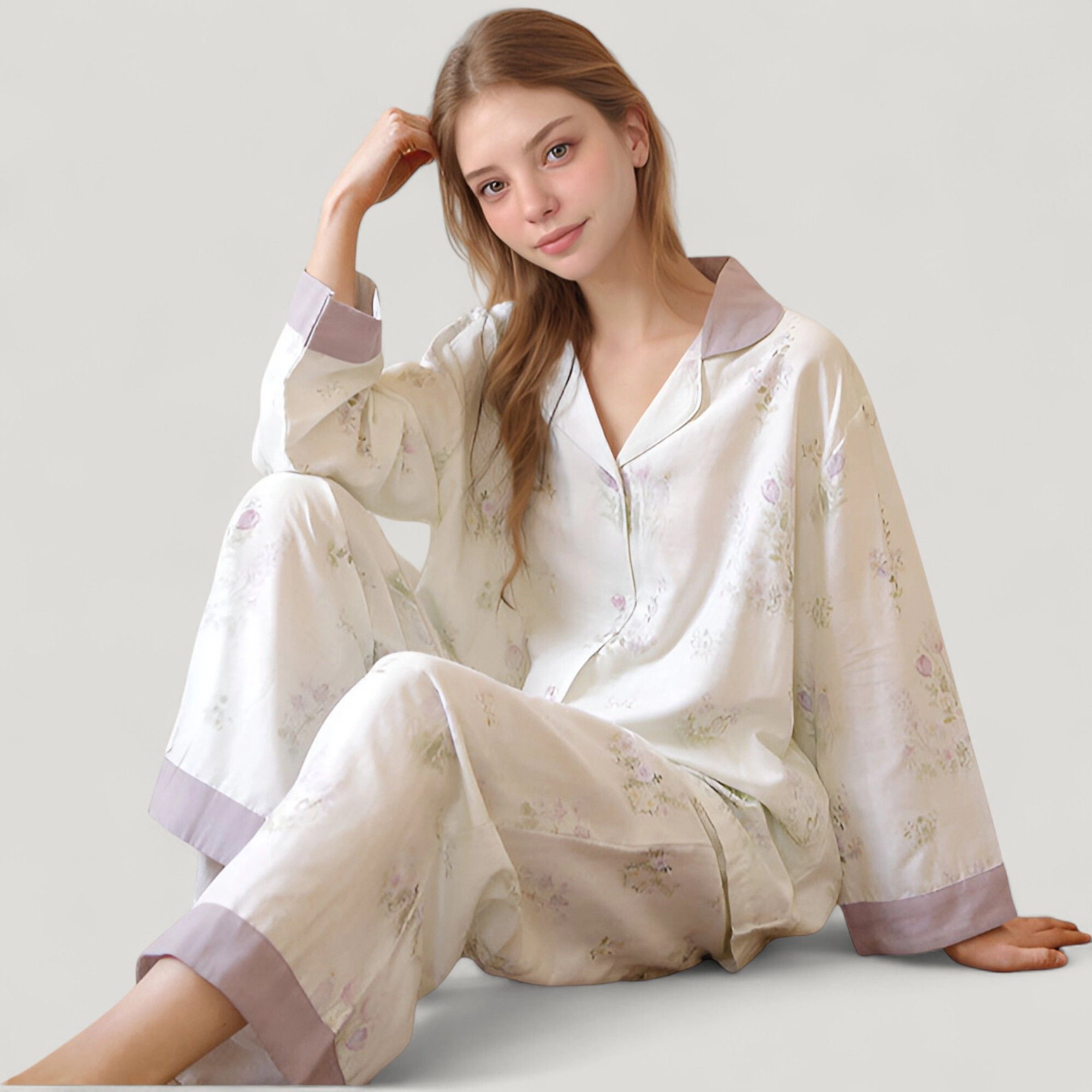Anna-Kaci Women's Woven Two-Piece Pajama Set with Floral Print Contrast Trim and Relaxed Button Down Top
