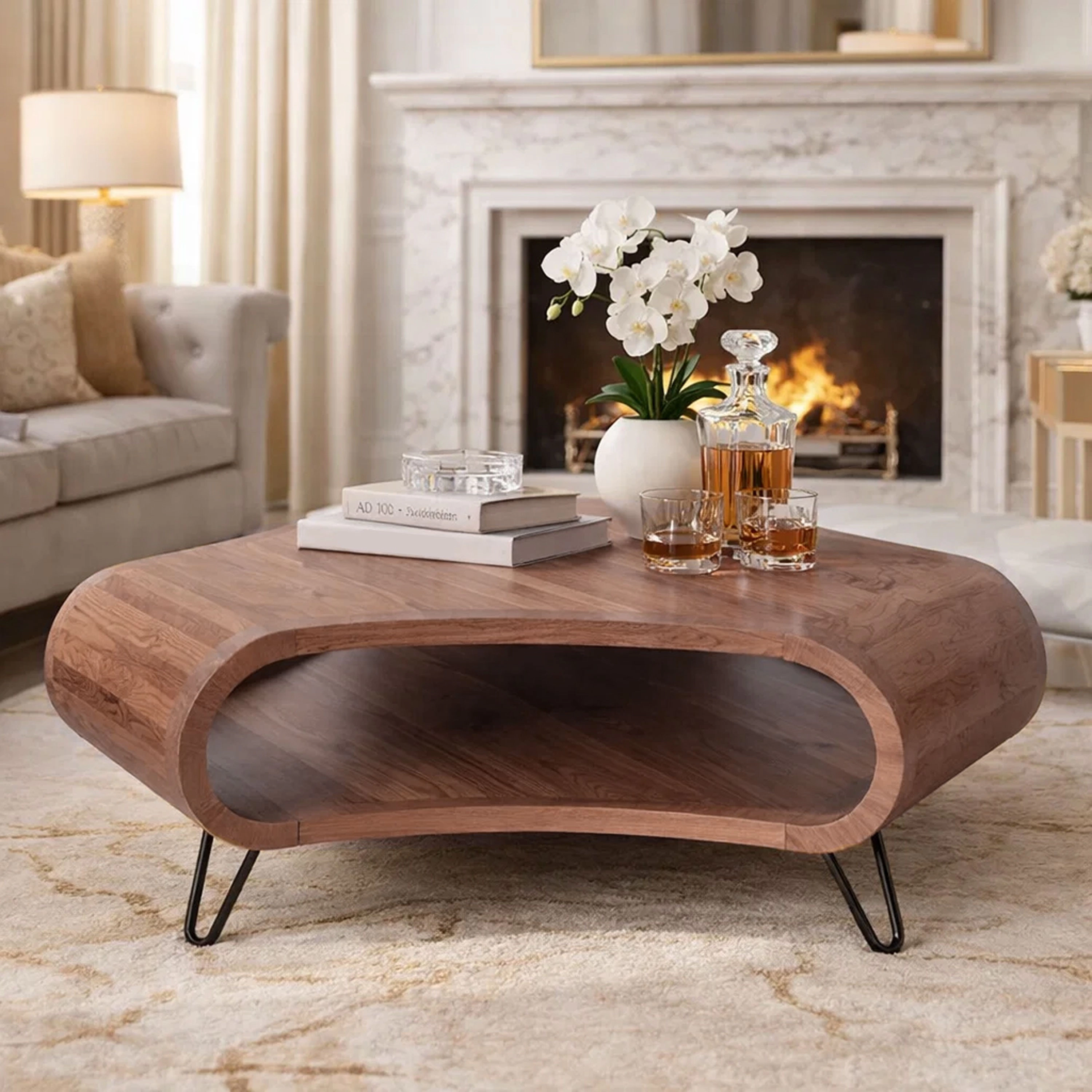 The Urban Port 37 Inch Coffee Table, Handcrafted Curved Hexagon Shape with Open Shelf, Brown Acacia Wood, Iron Legs