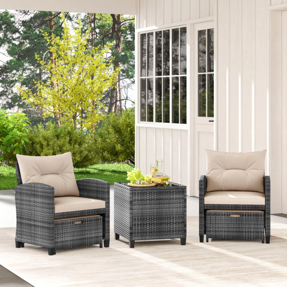 Hivvago 5 Piece Patio Rattan Furniture With 2 Ottomans And Tempered Glass Coffee Table