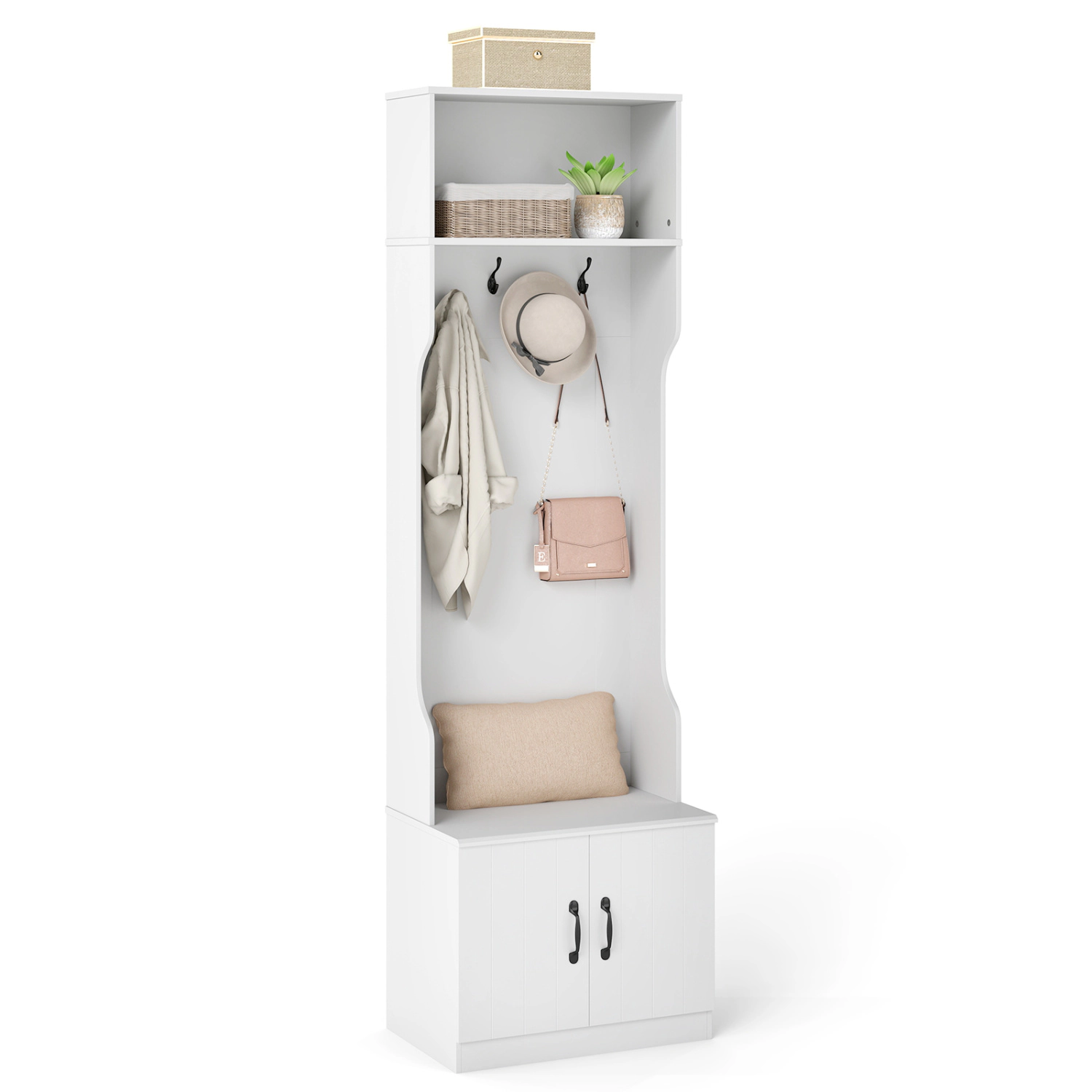 Glintex 23.5-Inch Wide Hall Tree with 2-Door Shoe Cabinet and Top Compartment, White