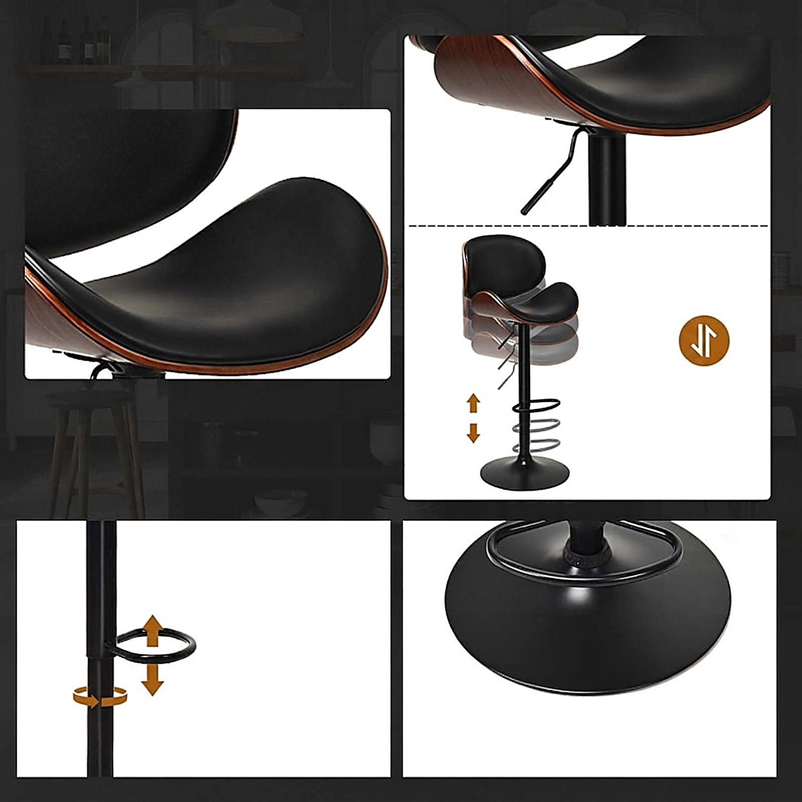 SUGIFT Black and Walnut Curved Footrest Set of 2 Adjustable Swivel PU Leather Bar Stools