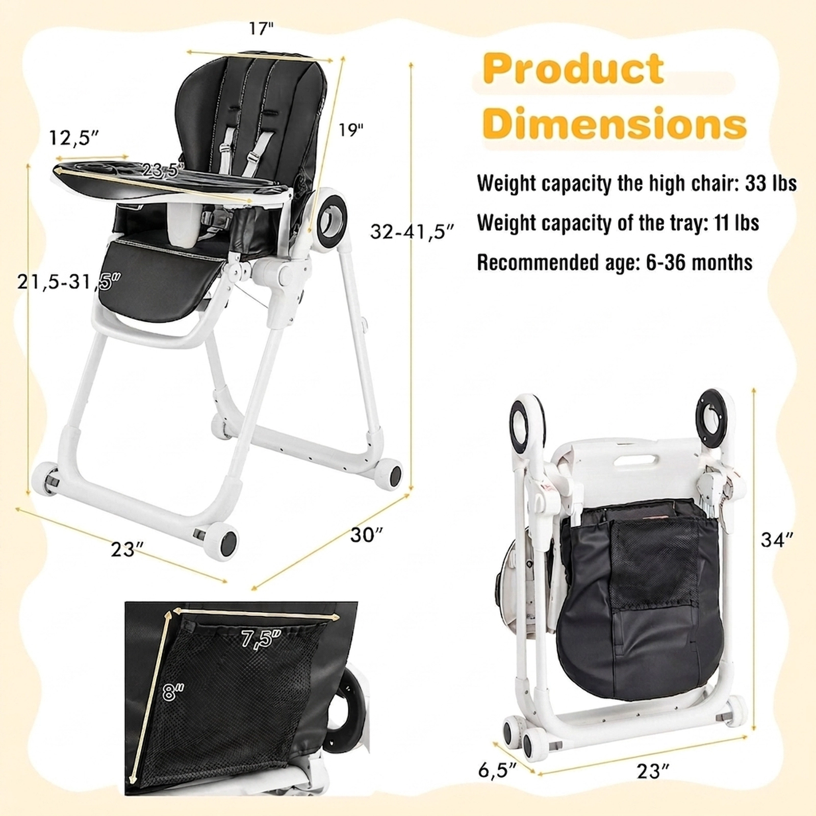 SUGIFT Black 6 Seat Heights 4 Lockable Wheels and Double Tray Foldable Baby High Chair