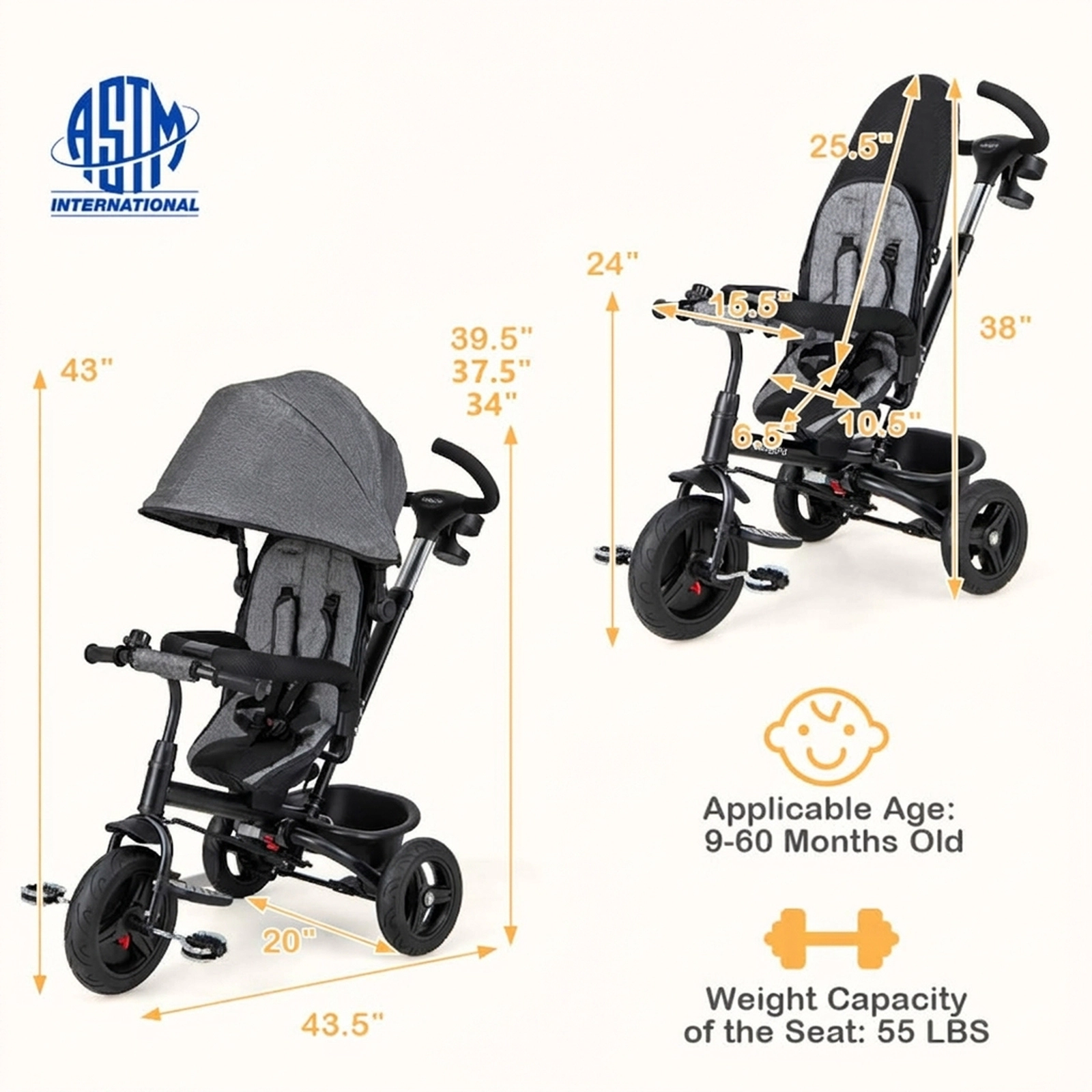 SUGIFT Toddler Gray 4-in-1 Tricycle with Reversible Seat and 5-Point Harness 30-in W 38-in H 55-lb Seat Capacity