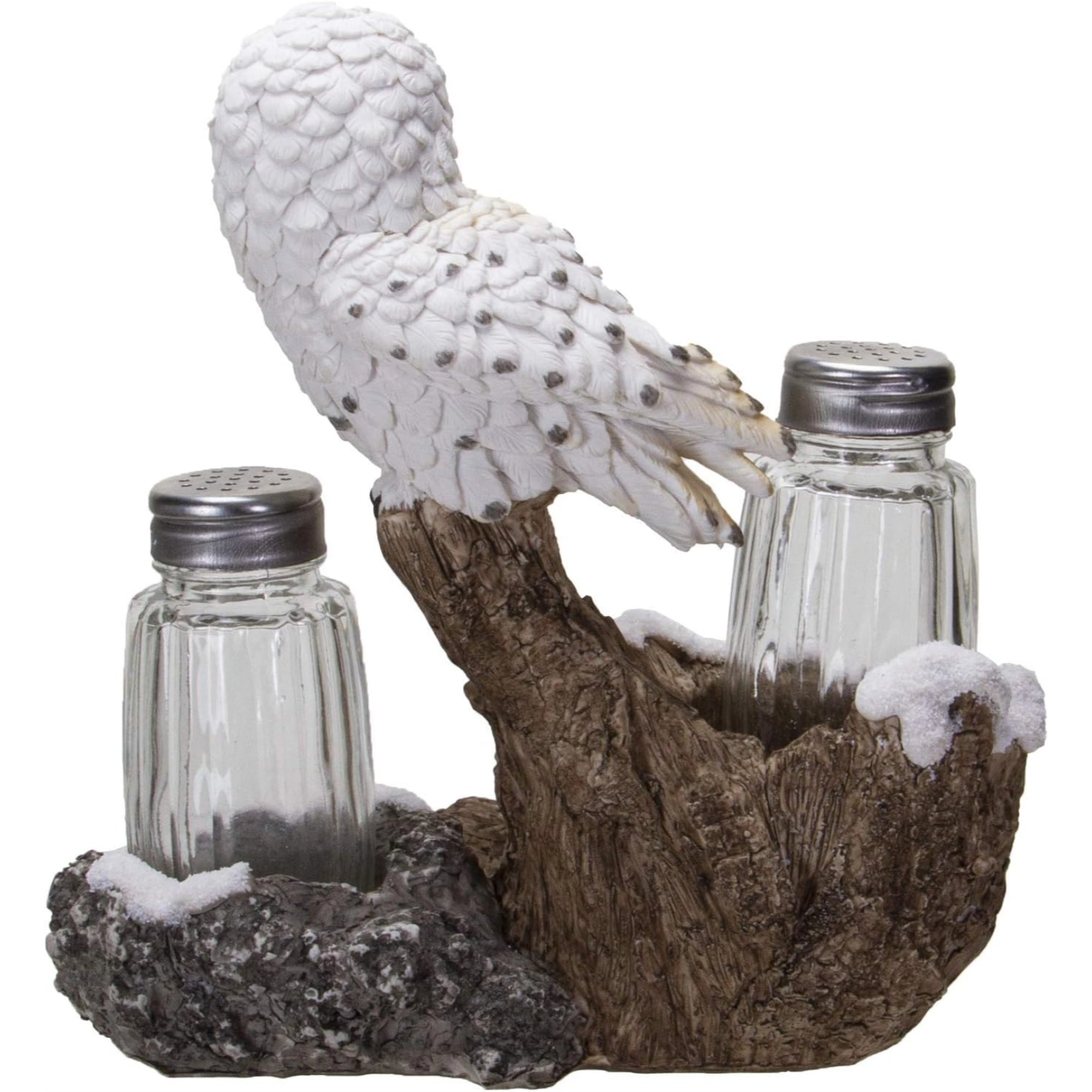 Pacific Giftware Snow White Owlet Owl On Snowy Branch Glass Salt Pepper Shakers with Holder