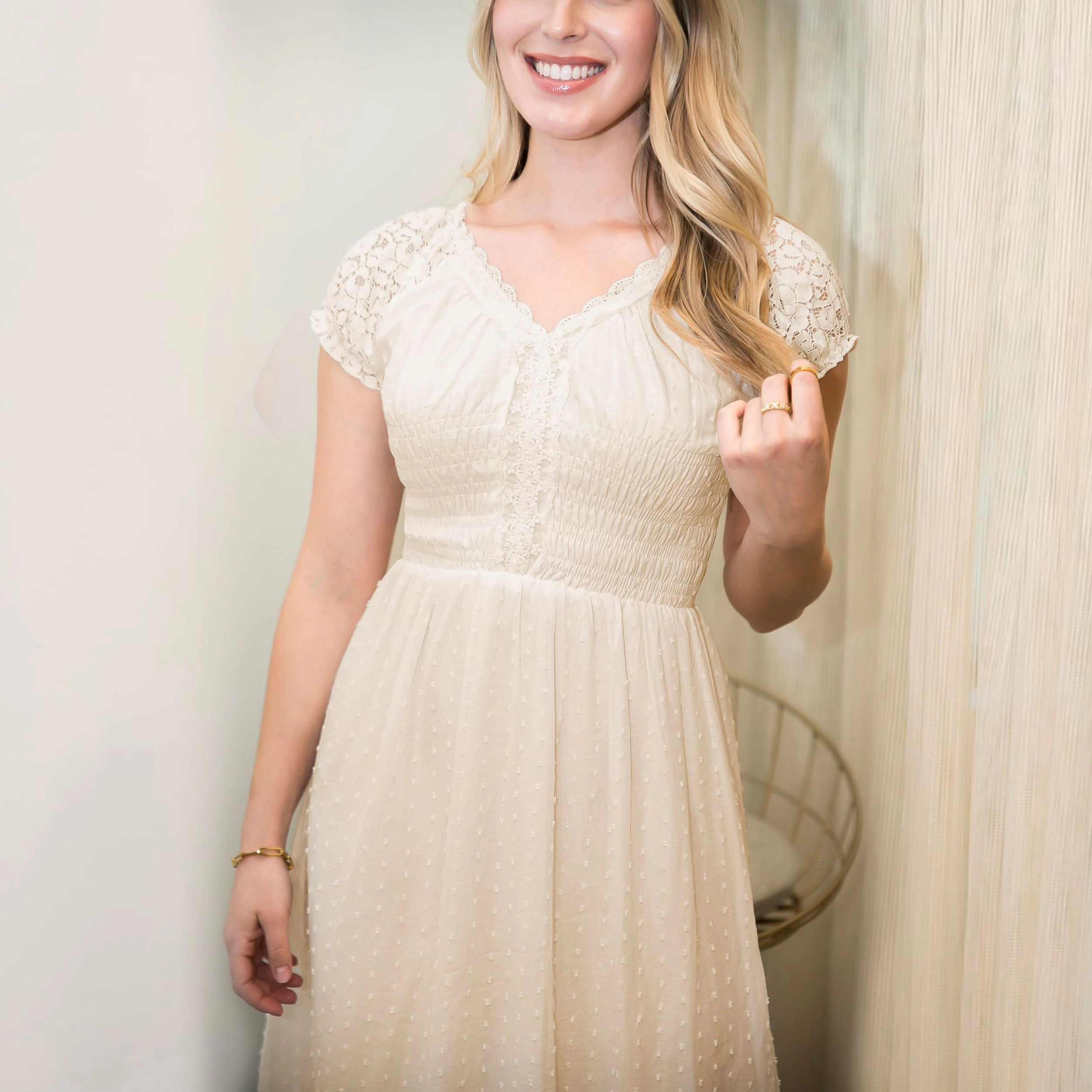 Anna-Kaci Women's White Short Sleeve Maxi Dress with Lace Sleeves Textured Dot Fabric and Crocheted Hem Detail