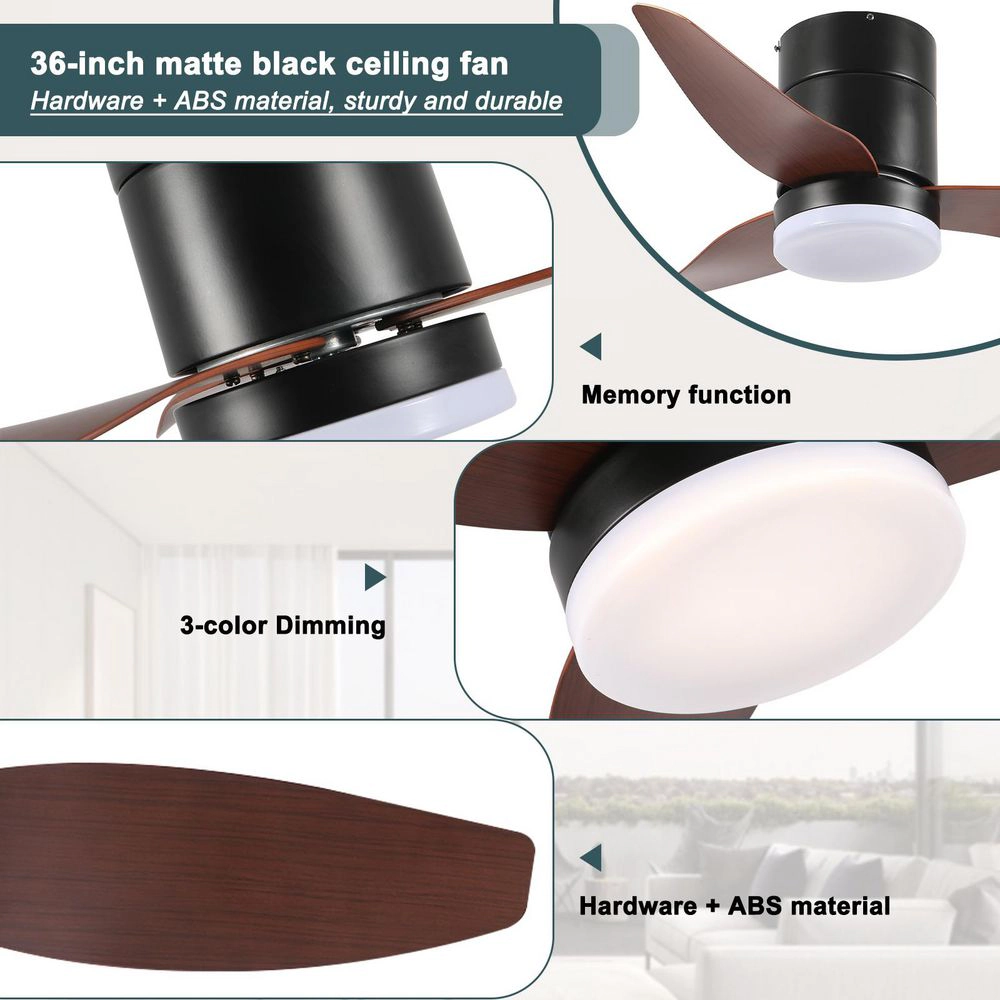 Flynama 36 in. Black Indoor Quiet DC Motor Flush Mount Standard Ceiling Fan with Light Remote Control 6-Speed Levels