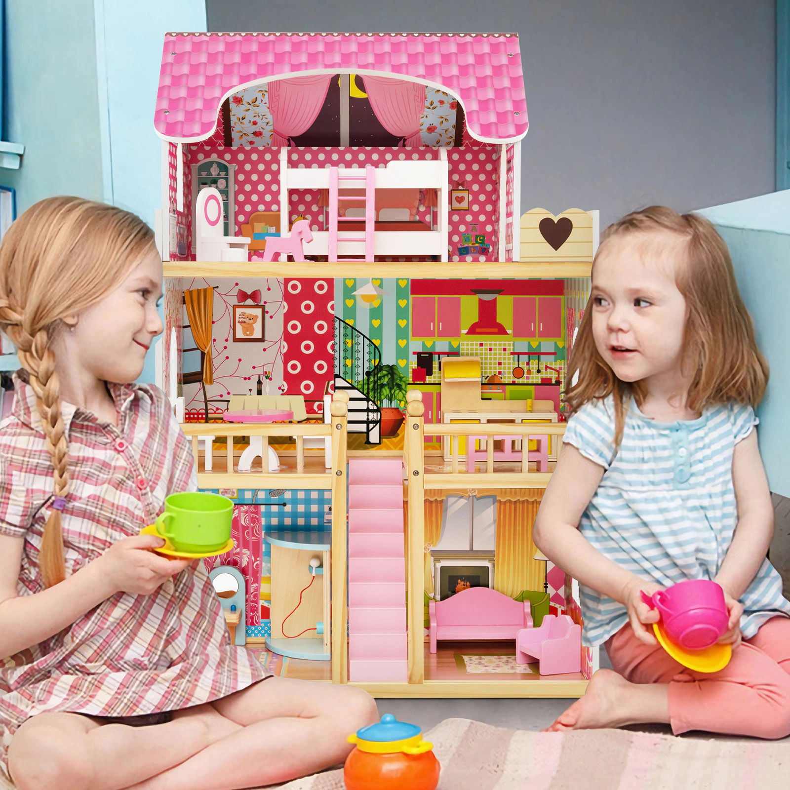 Doll House Playset 3-Story with 6 Rooms and 15-pc Furniture Semi-Open Design 23-in x 12-in x 36-in Pink