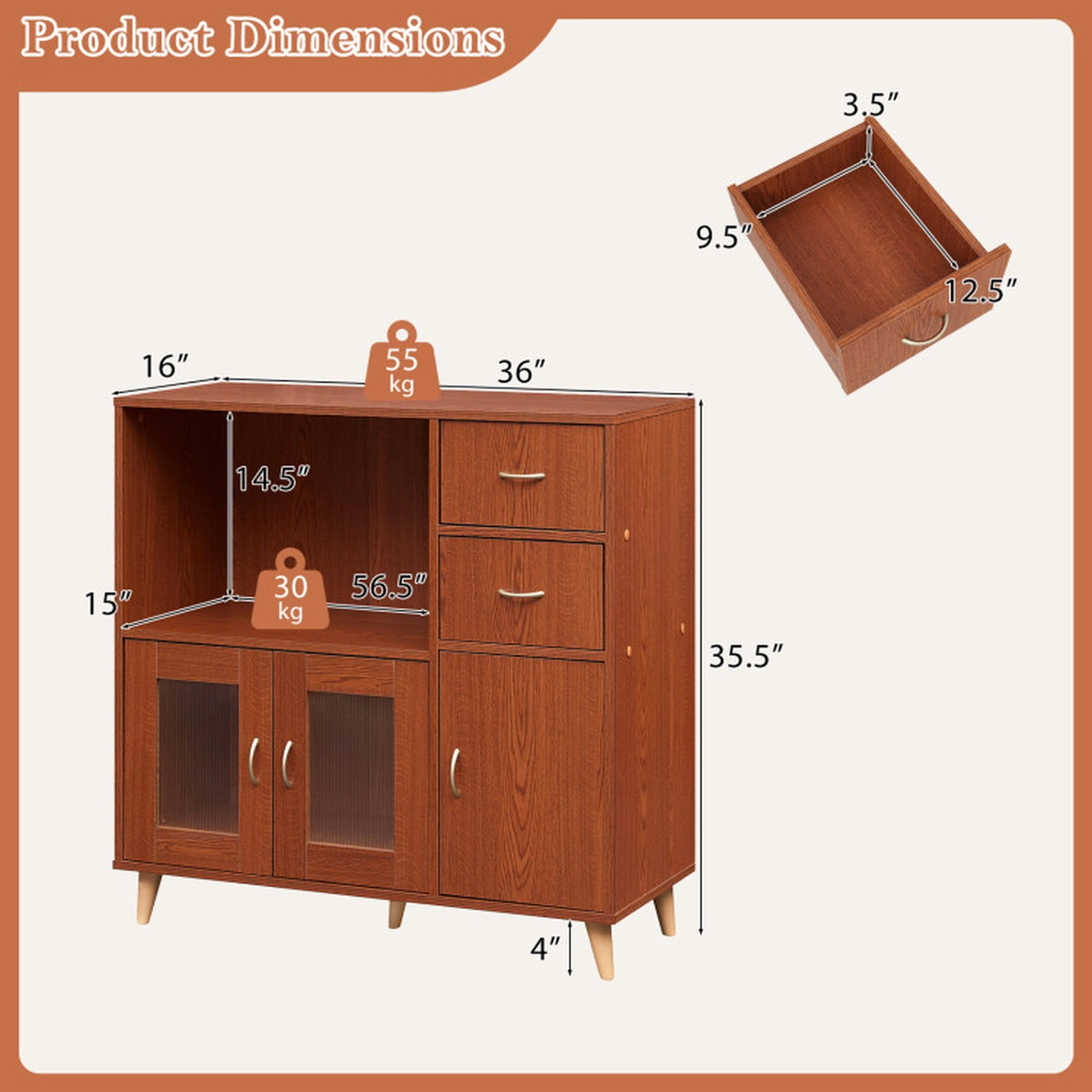 SUGIFT 36-in Sideboard Buffet Cabinet with Open Compartment 330-lb Capacity Brown/Natural