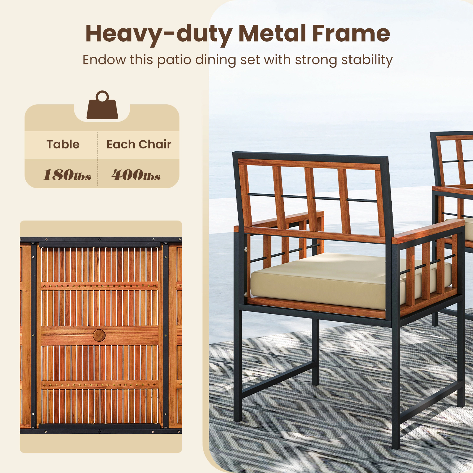 SUGIFT 7-Piece Acacia Wood Patio Dining Set, 67-in Table, 6 Cushioned Armchairs
