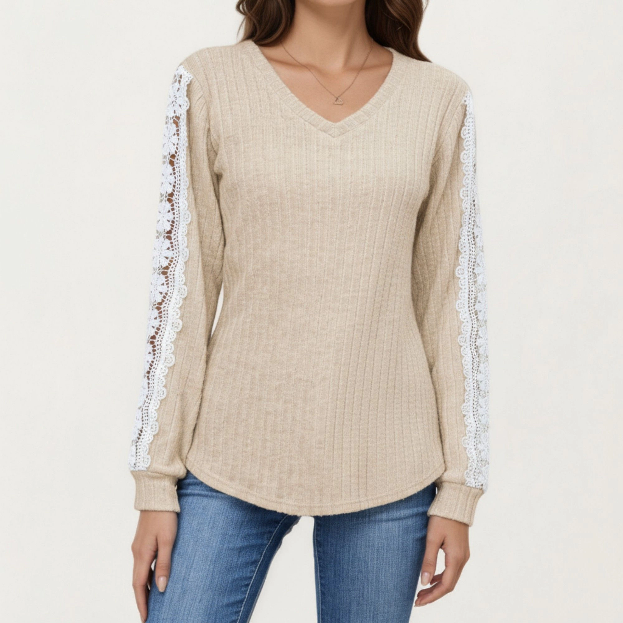 Anna-Kaci Women's V-Neck Lace Trim Sleeve Curved Hem Long Ribbed Knit Top