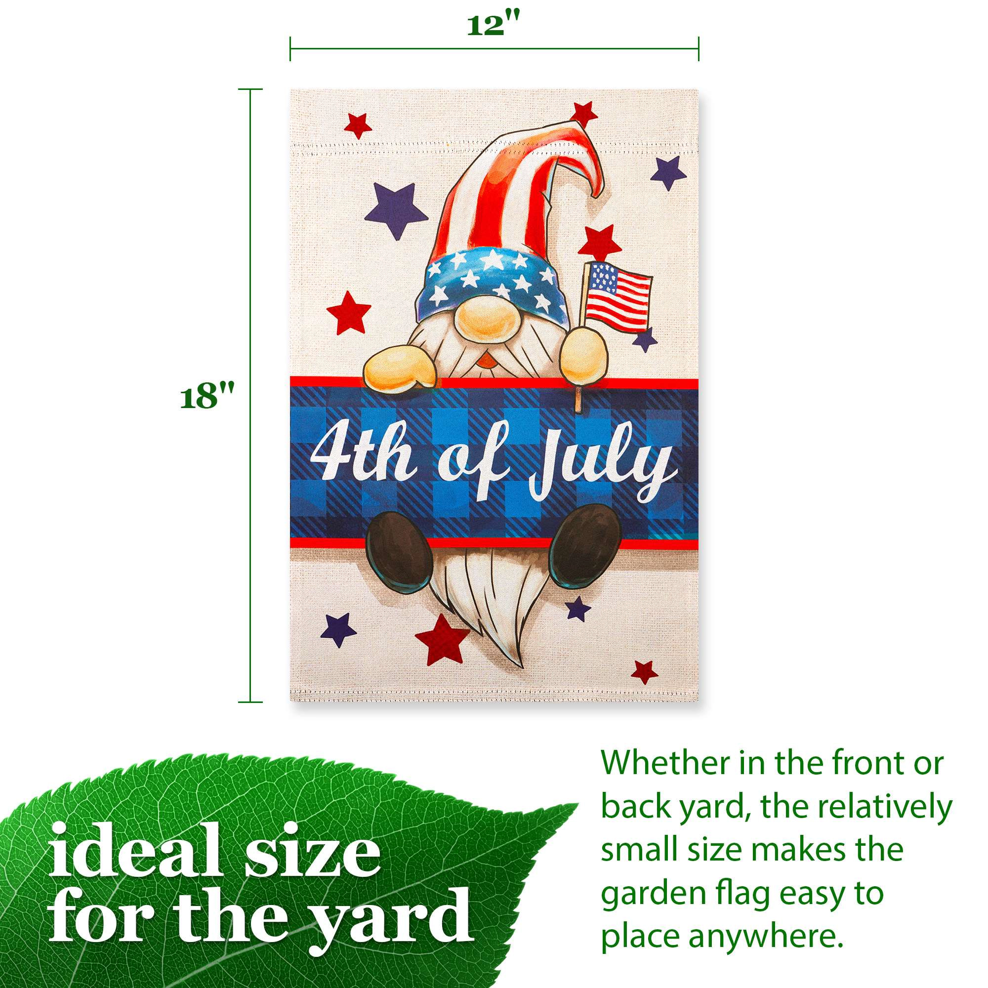 G128 4th of July Gnome Garden Flag 12x18 Inch Double-Sided Patriotic Yard Decoration