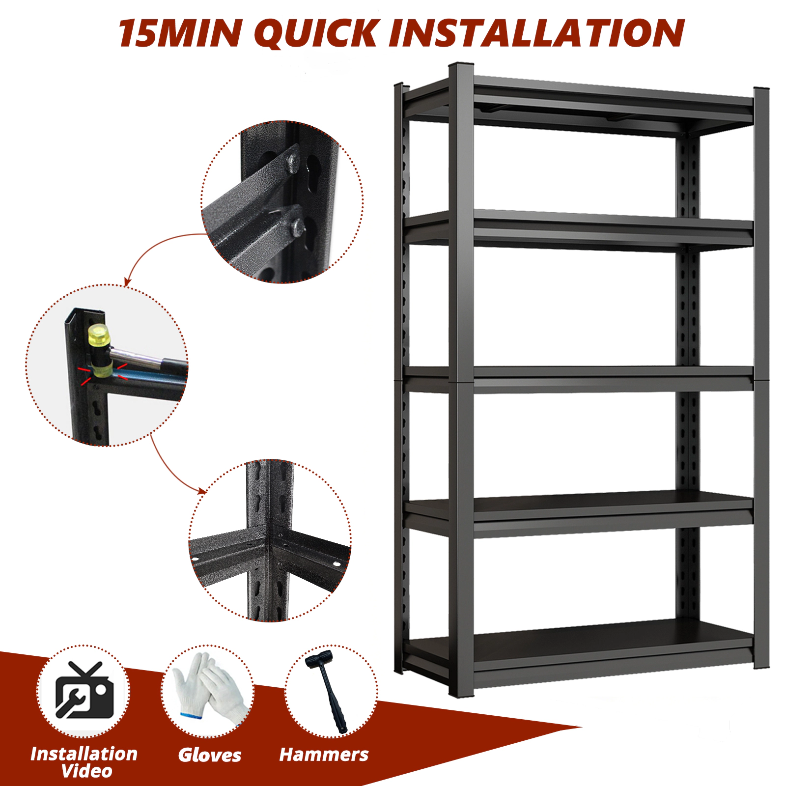 Flynama 5 Tier Adjustable Metal Bookcase 71.2 in H x 39.4 in W x 13.8 in D Black for Office