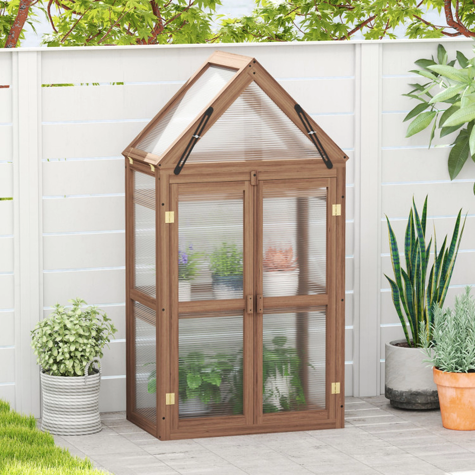 SUGIFT Cold Frame Mini Wooden Greenhouse PVC Panels 28-in Tall 3 Shelves 11-lb Shelf Capacity Rustic Brown+Transparent
