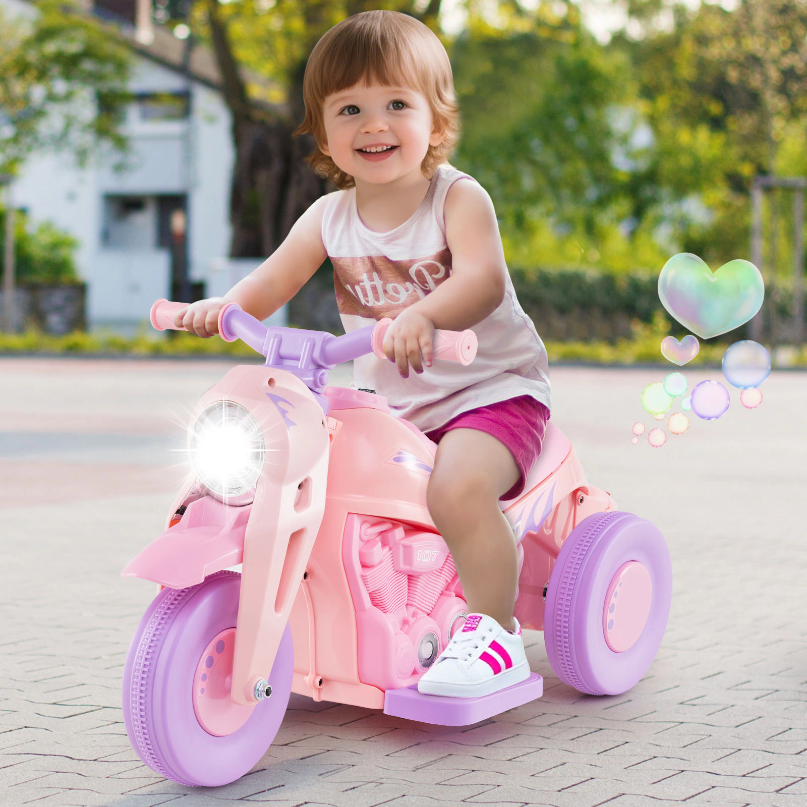 SUGIFT Purple Bubble Maker and Music Pink and 6V Kids Electric Ride On Motorcycle