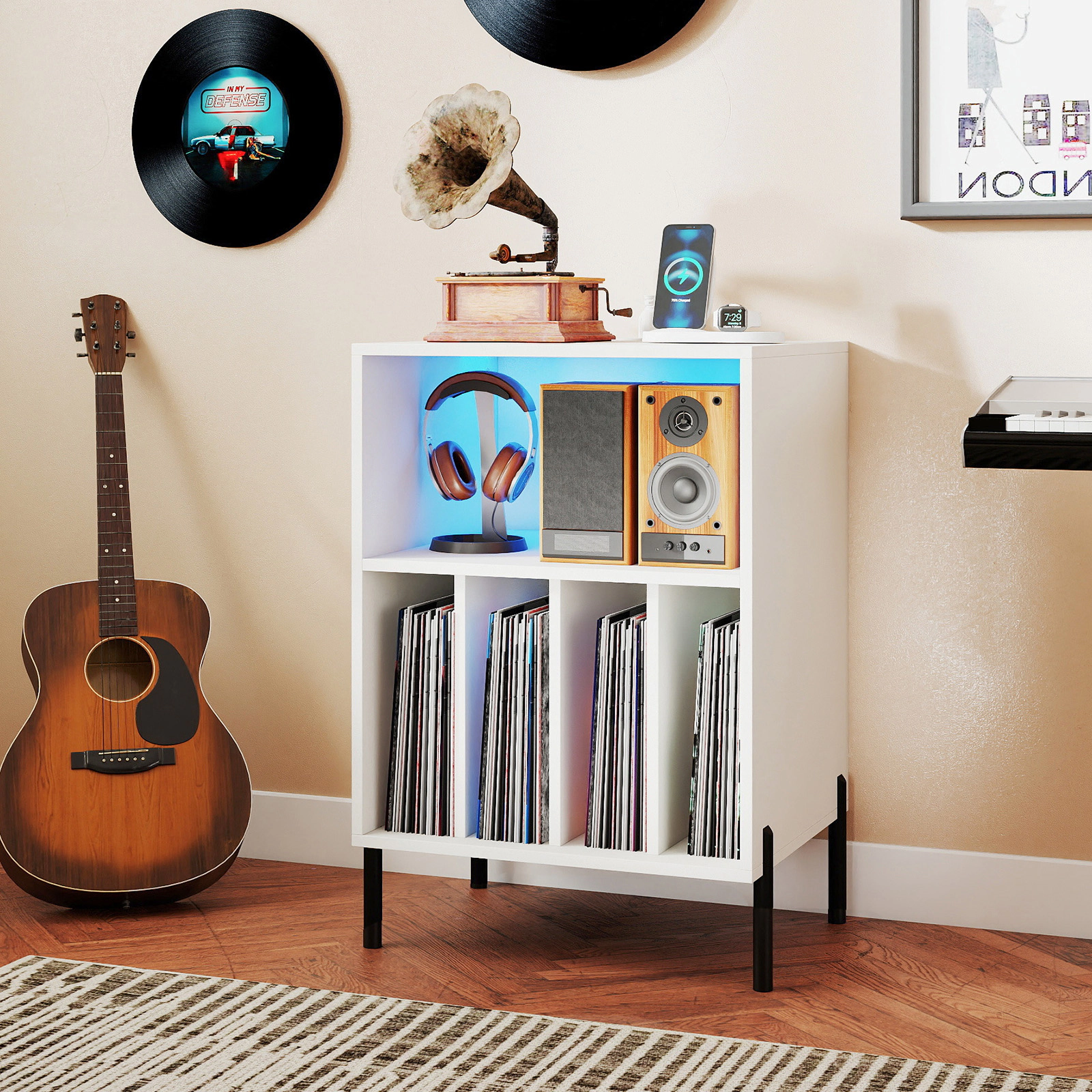 Glintex Record Player Stand with Ambient LED Lighting Remote and Charging Station, White