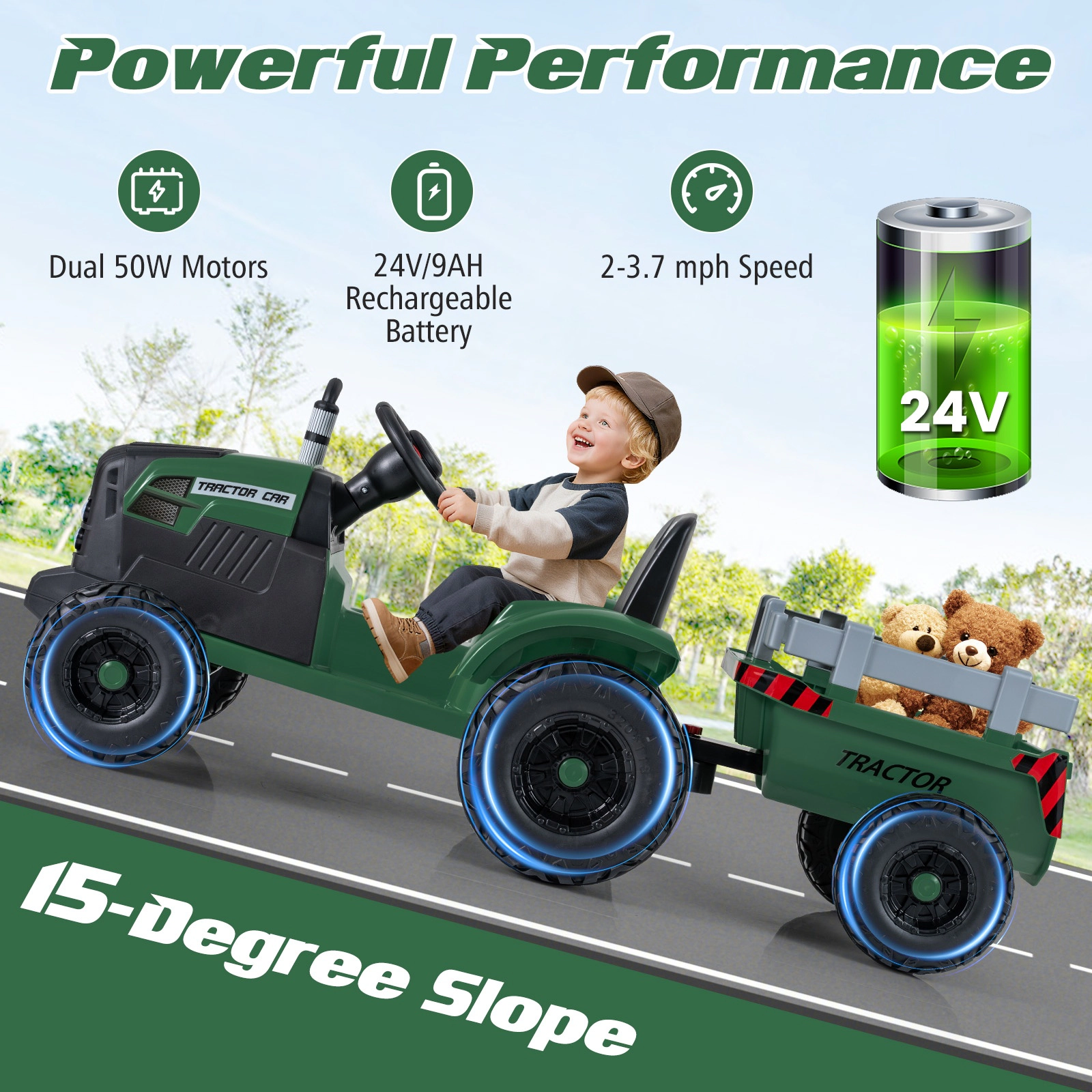 SUGIFT 24V Electric Ride On Tractor Detachable Trailer & Remote Control 77-lb Capacity Ages 3-8 Dark Green 60-in Vehicle