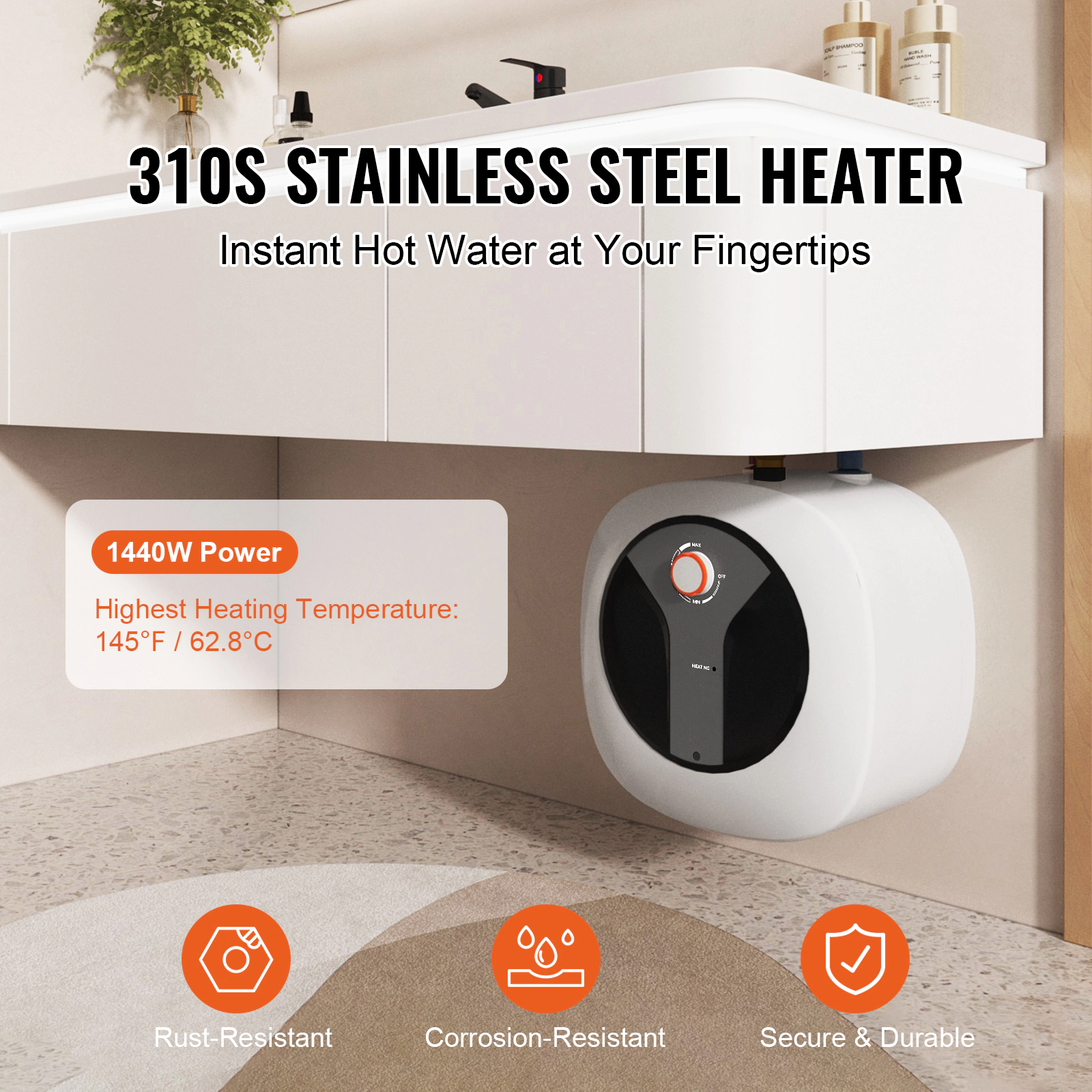 HONGGE Electric Mini-Tank Water Heater Tank 1440W Hot Water Boiler Storage Safety Temperature Pressure Valve Easy