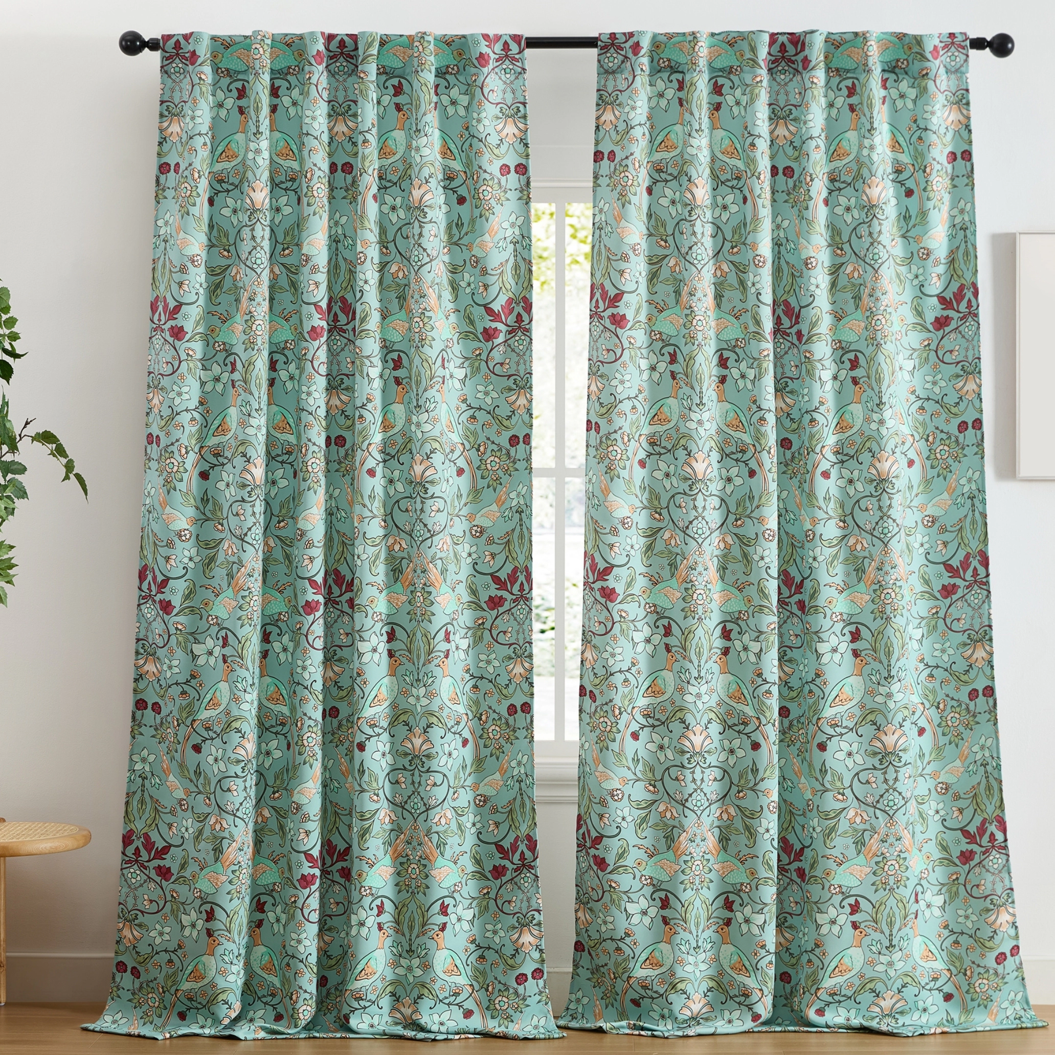 HLC.ME Florence Floral & Birds Patterned Window Back Tab Rod Pocket - Light Blocking Darkening Curtains, Set of 2