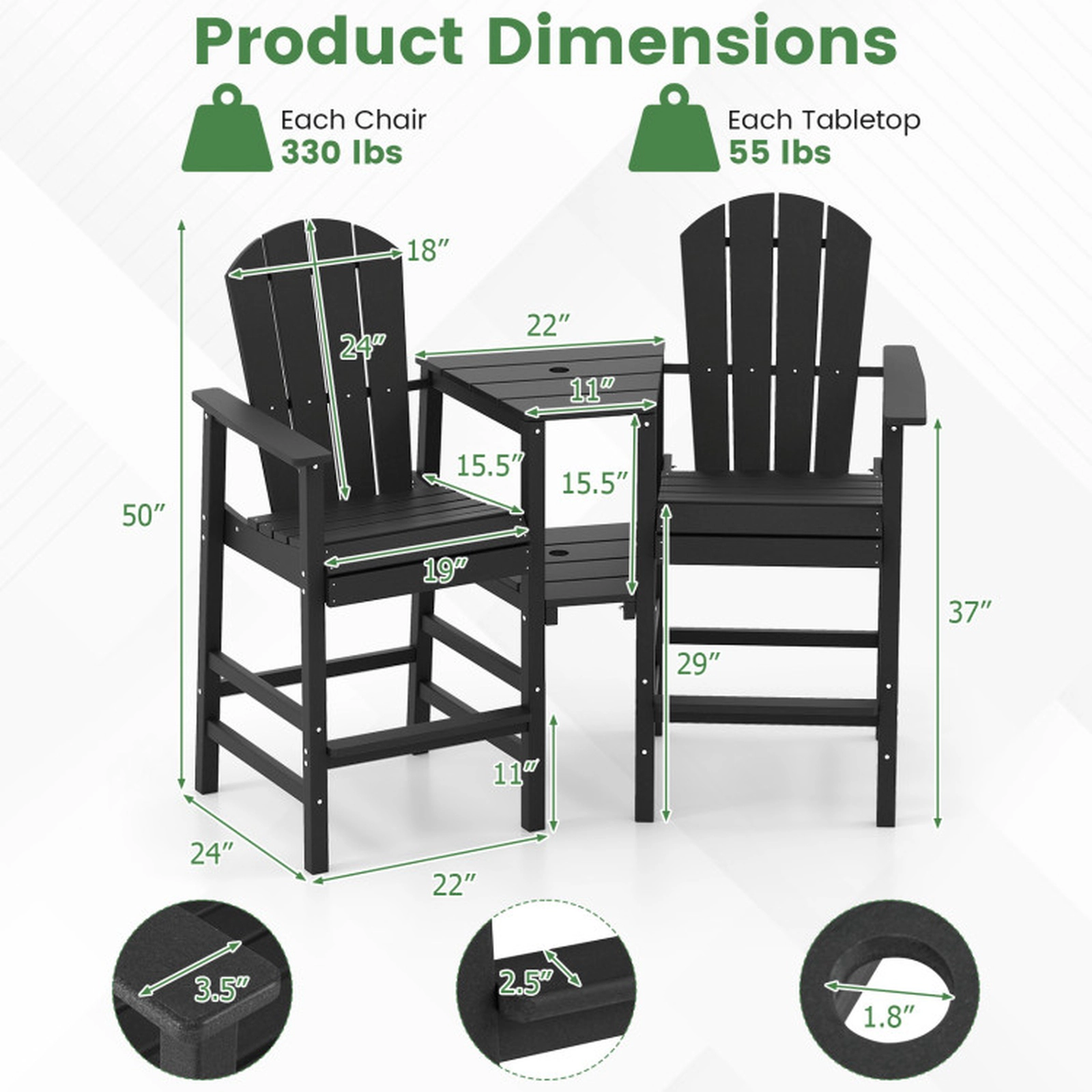 SUGIFT 2-Seat Adirondack Chair Set HDPE with Connecting Tray and Umbrella Hole