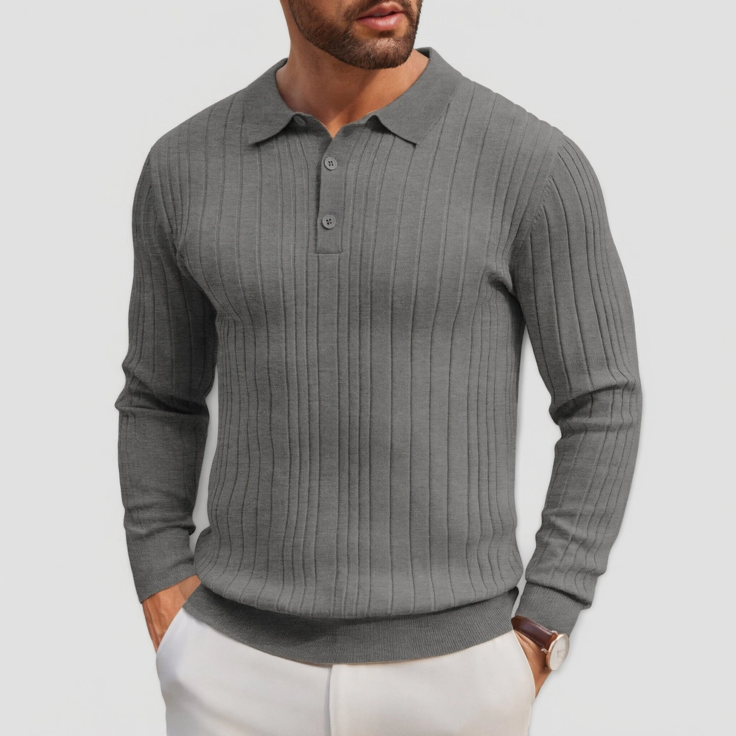 COOFANDY Ribbed Polo Sweater Long Sleeve Button Collar Casual Pullover Tops
