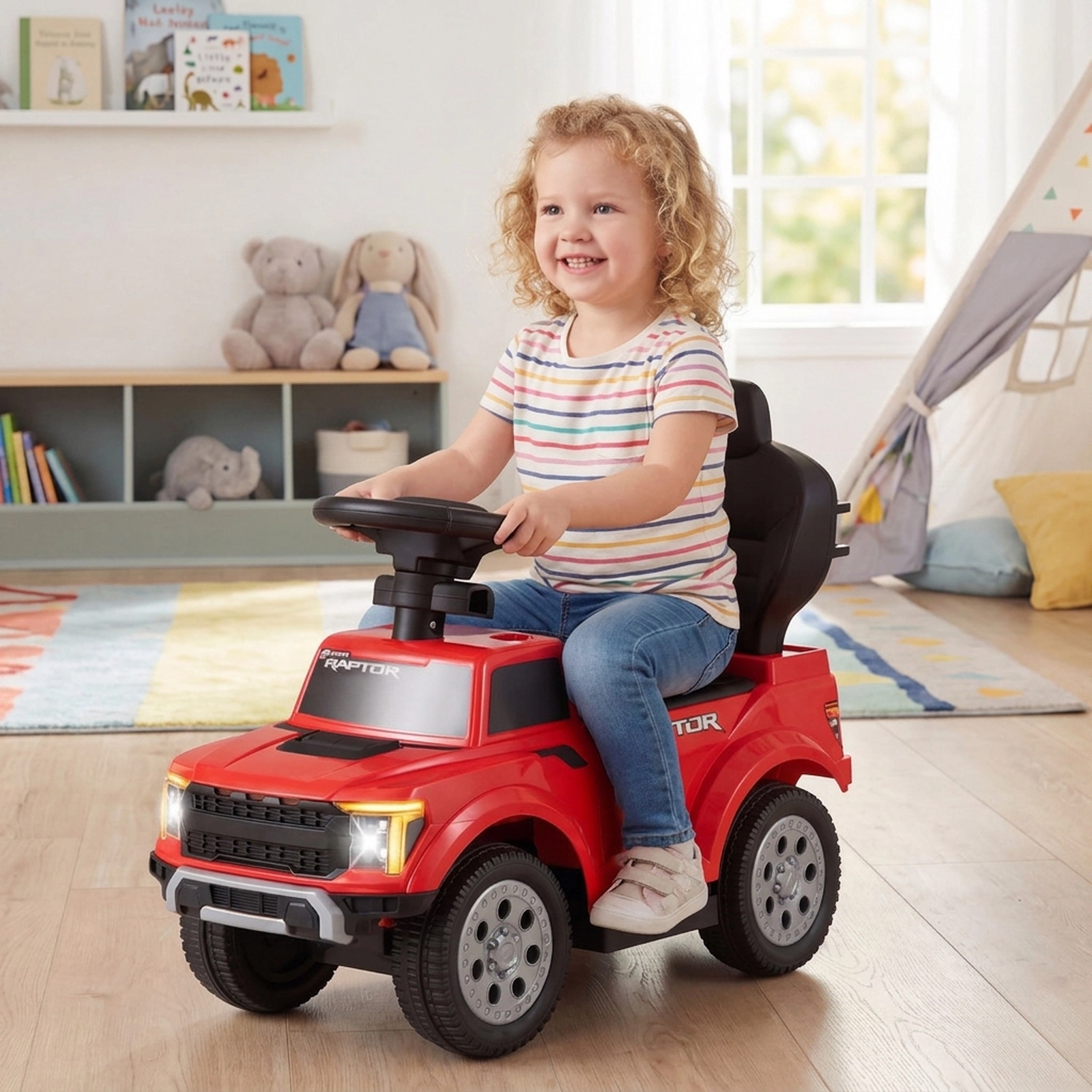 SUGIFT Kids Push 3-in-1 Ride-On Ford Truck with LED Headlights and Storage Red