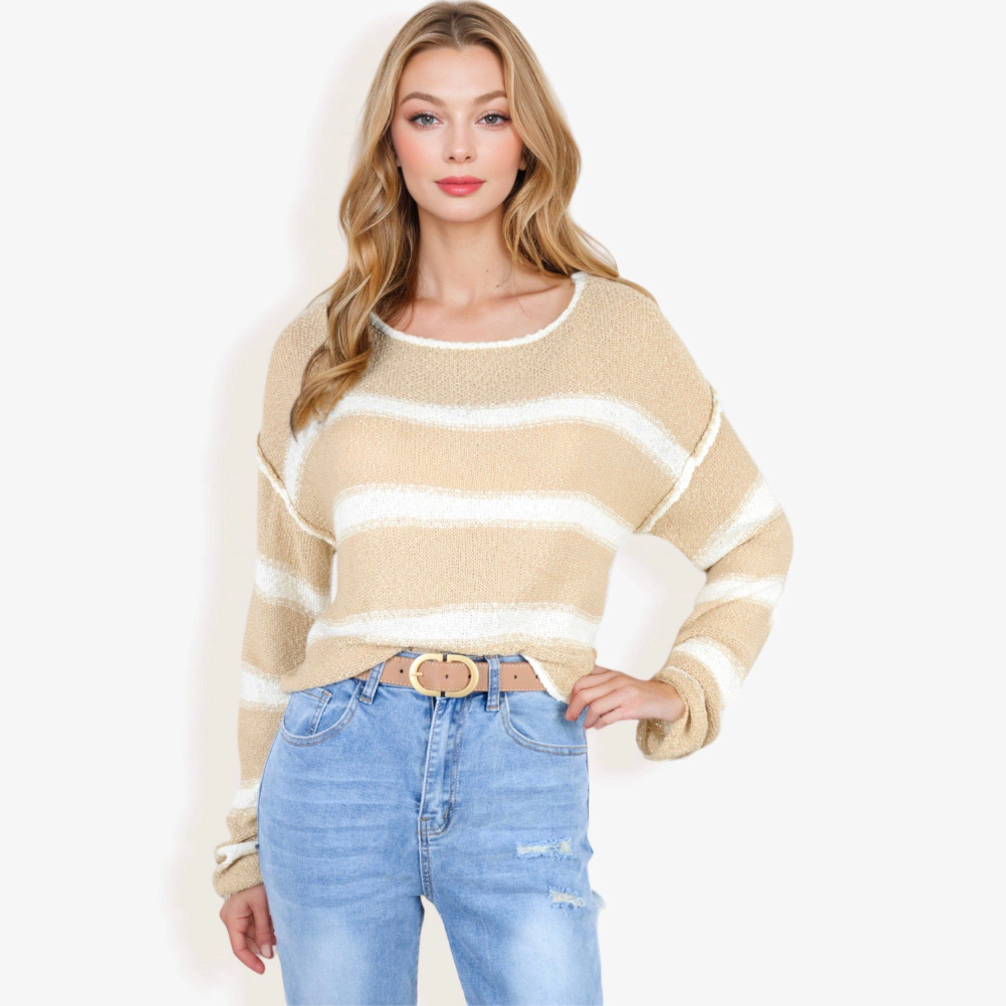 Anna-Kaci Women's Long Sleeve Striped Sweater With Crew Neck, Cropped Fit