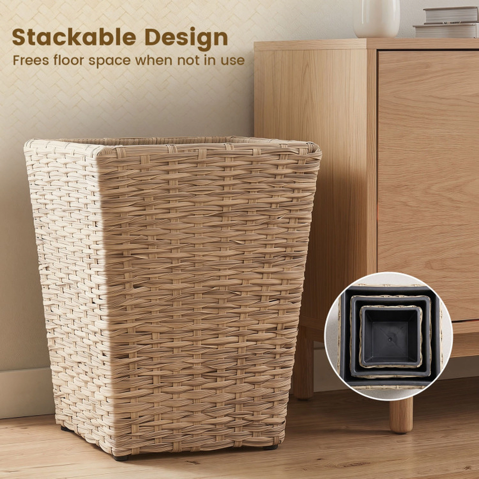 SUGIFT 3-Piece PP Rattan Planter Box Set with Removable Plastic Liners and Adjustable Leveling Pads