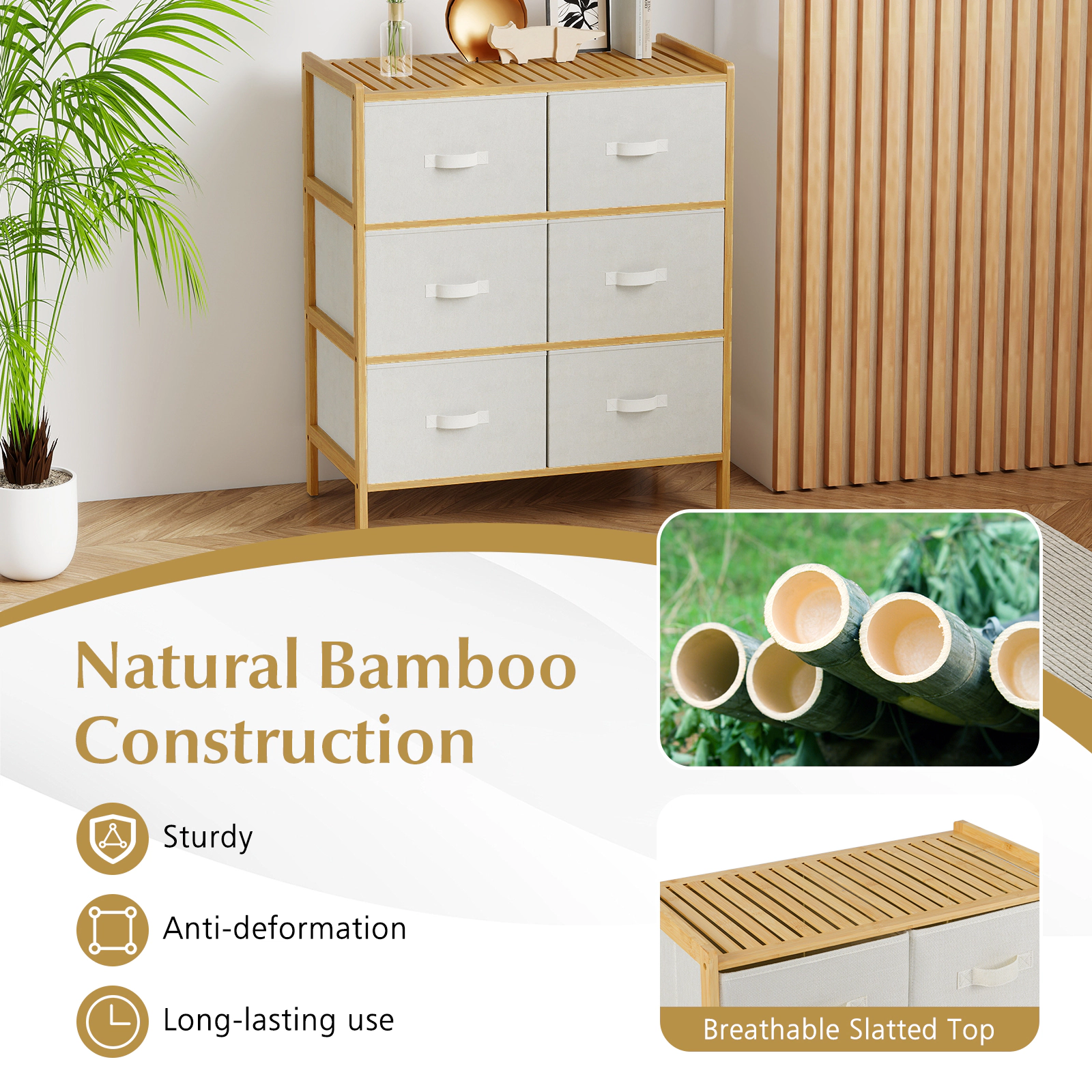 SUGIFT Fabric Dresser 6 Drawers & Folding Fabric Bins 44-lb Top Capacity 22-lb Drawer Capacity Bedroom Storage Chest