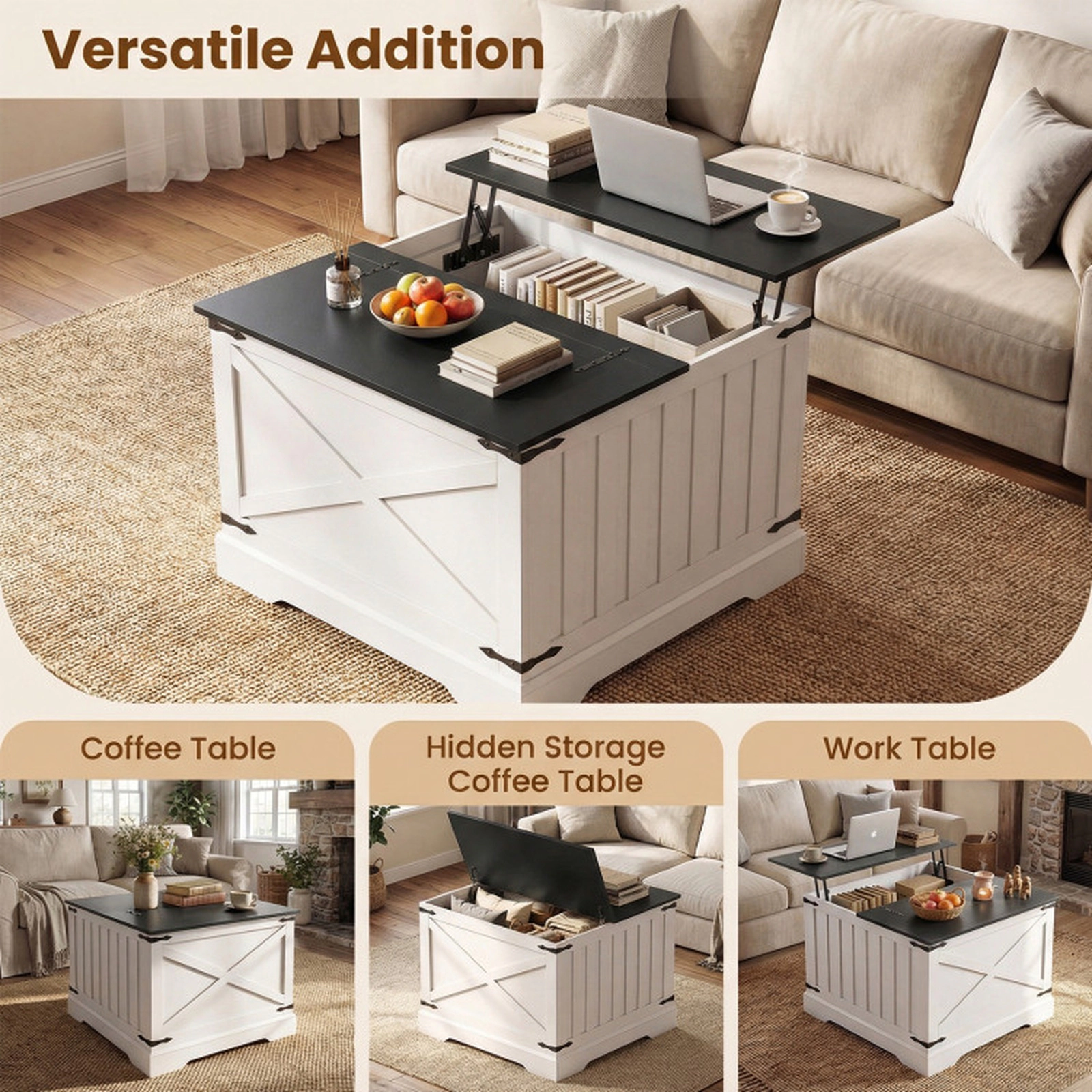 SUGIFT 31.5-in Square Black Farmhouse Hydraulic Lift Top Coffee Table with Flip-Top Hidden Compartment